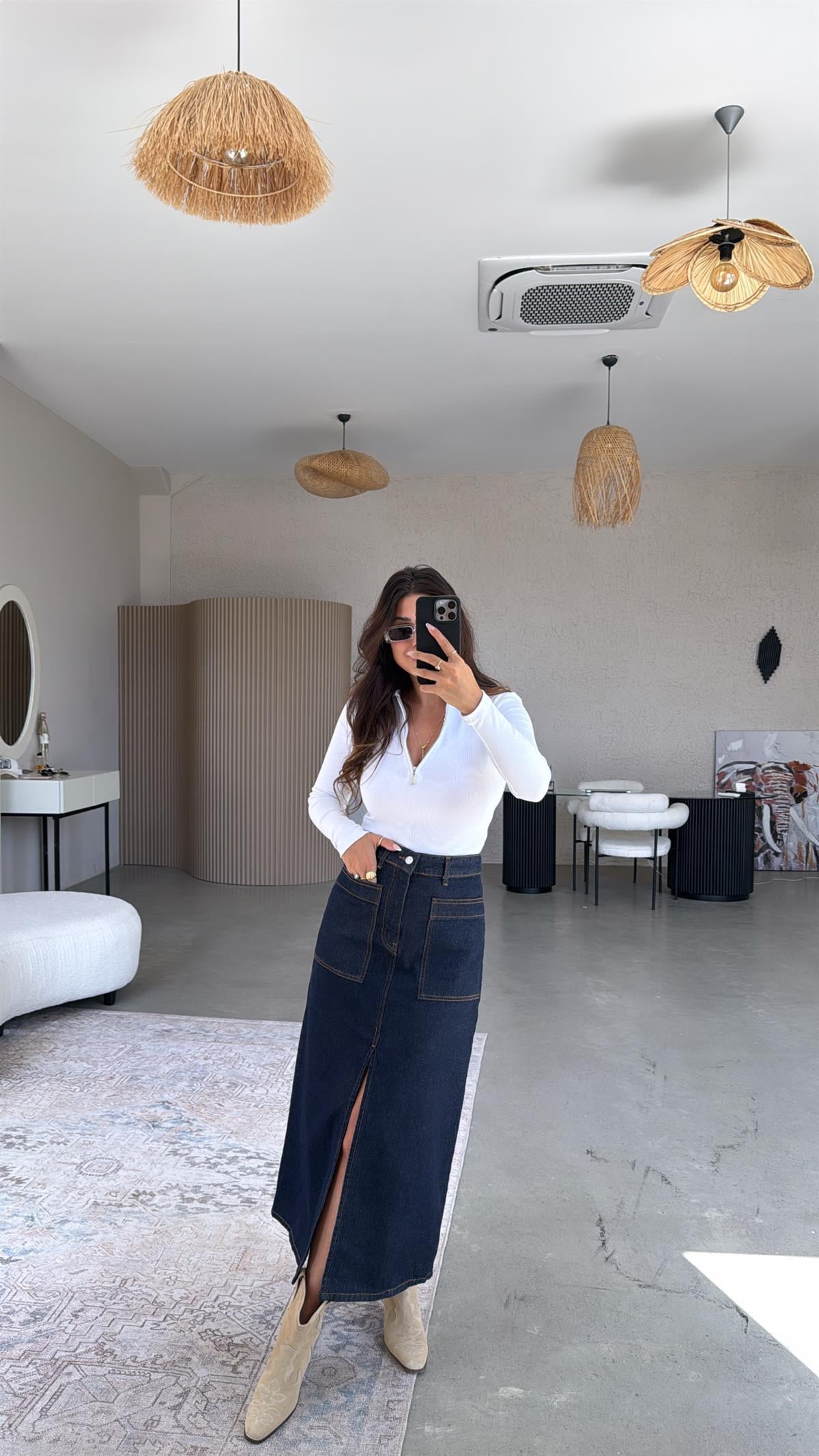 Ön Yırtmaçlı Uzun Denim Etek