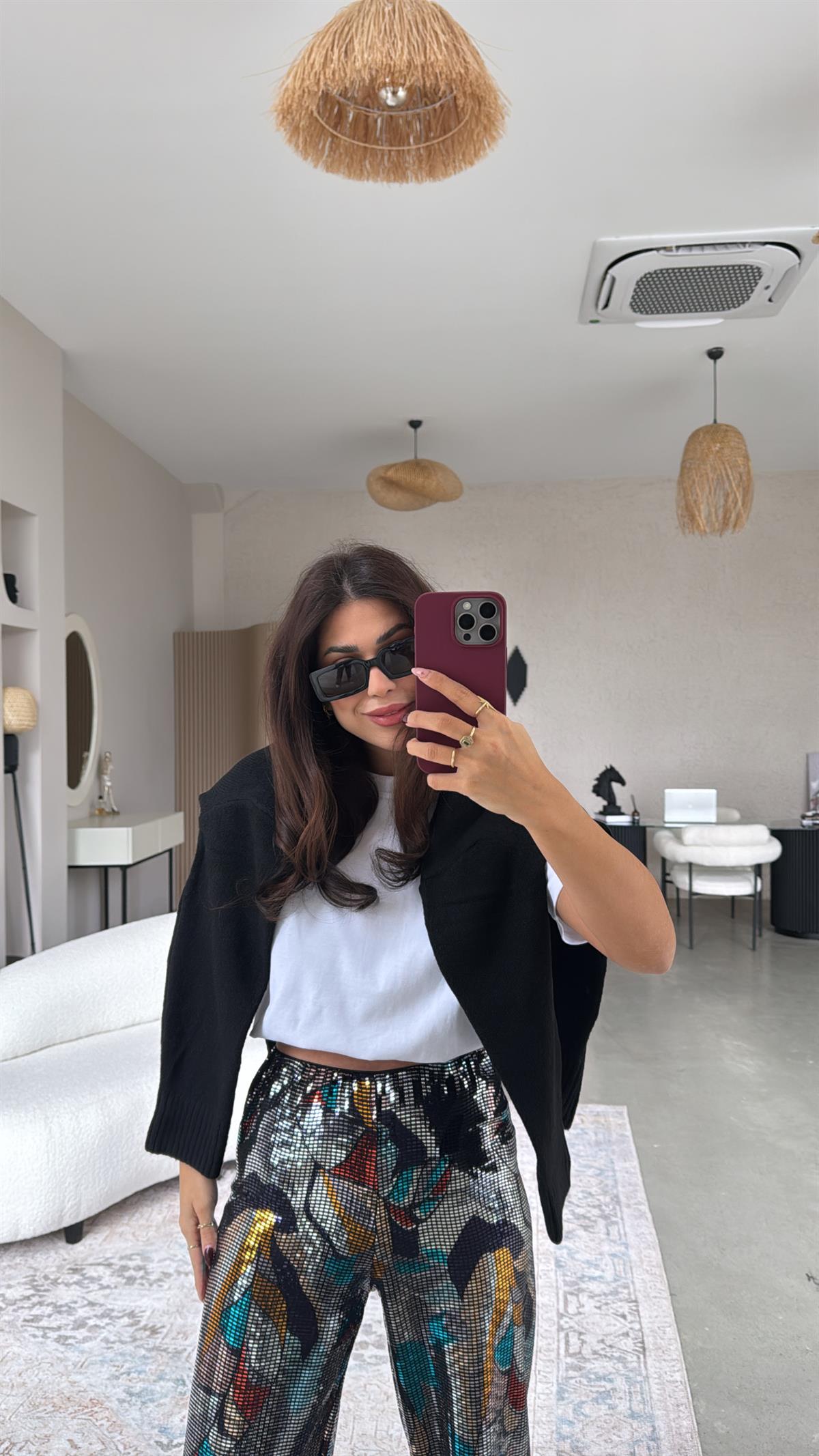 Parlak Yansımalı Bol Paça Pantolon