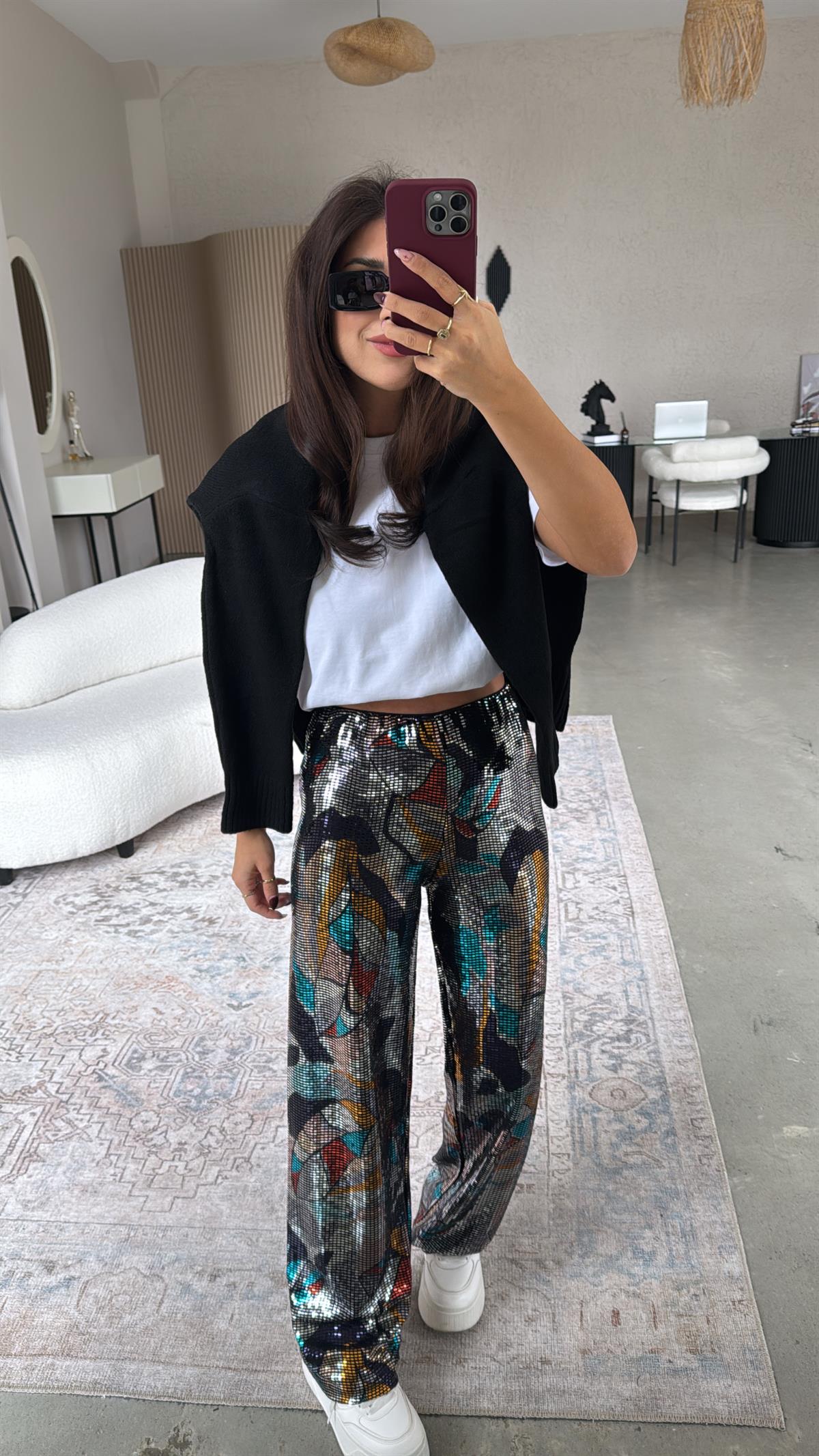 Parlak Yansımalı Bol Paça Pantolon
