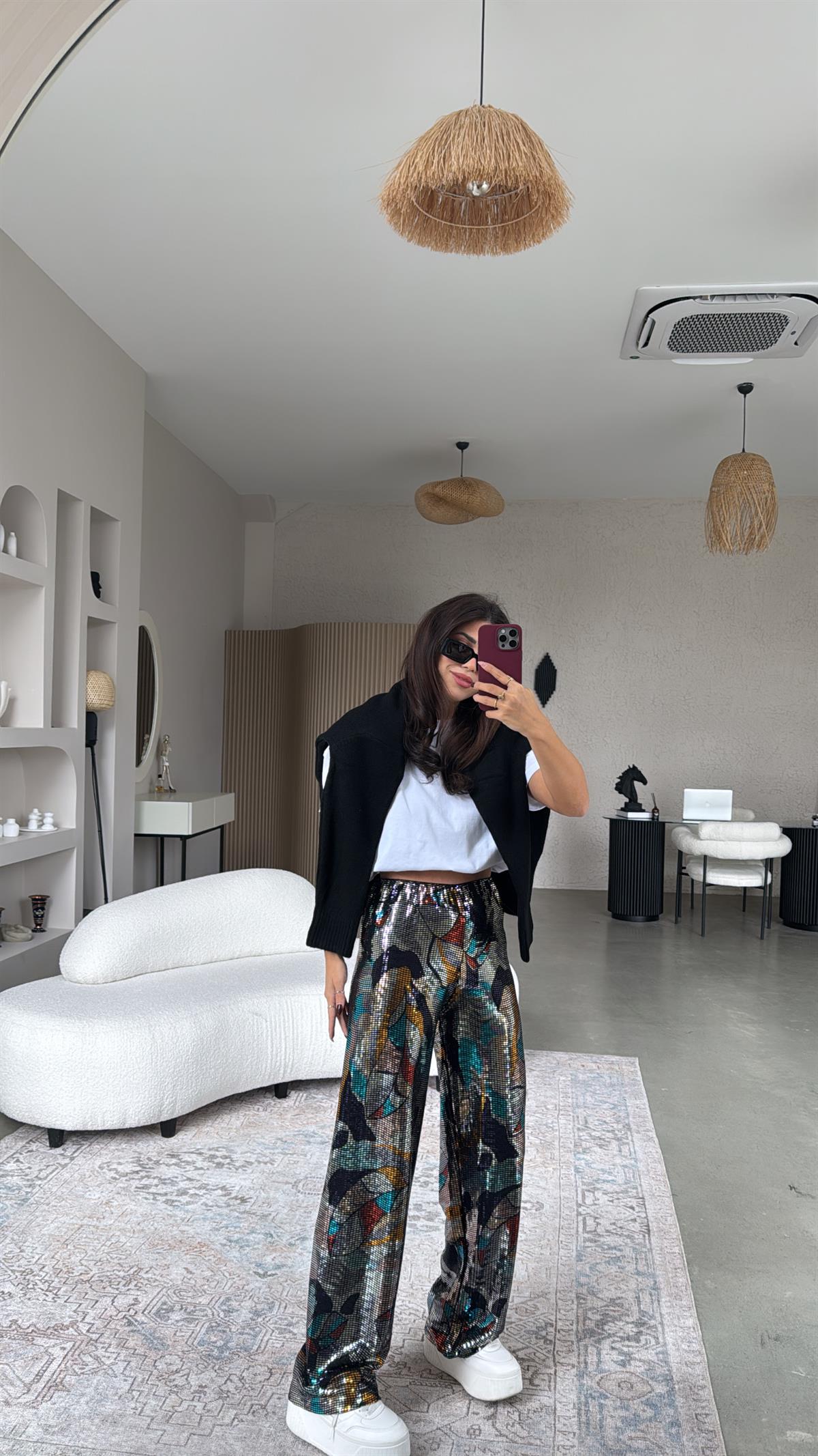 Parlak Yansımalı Bol Paça Pantolon