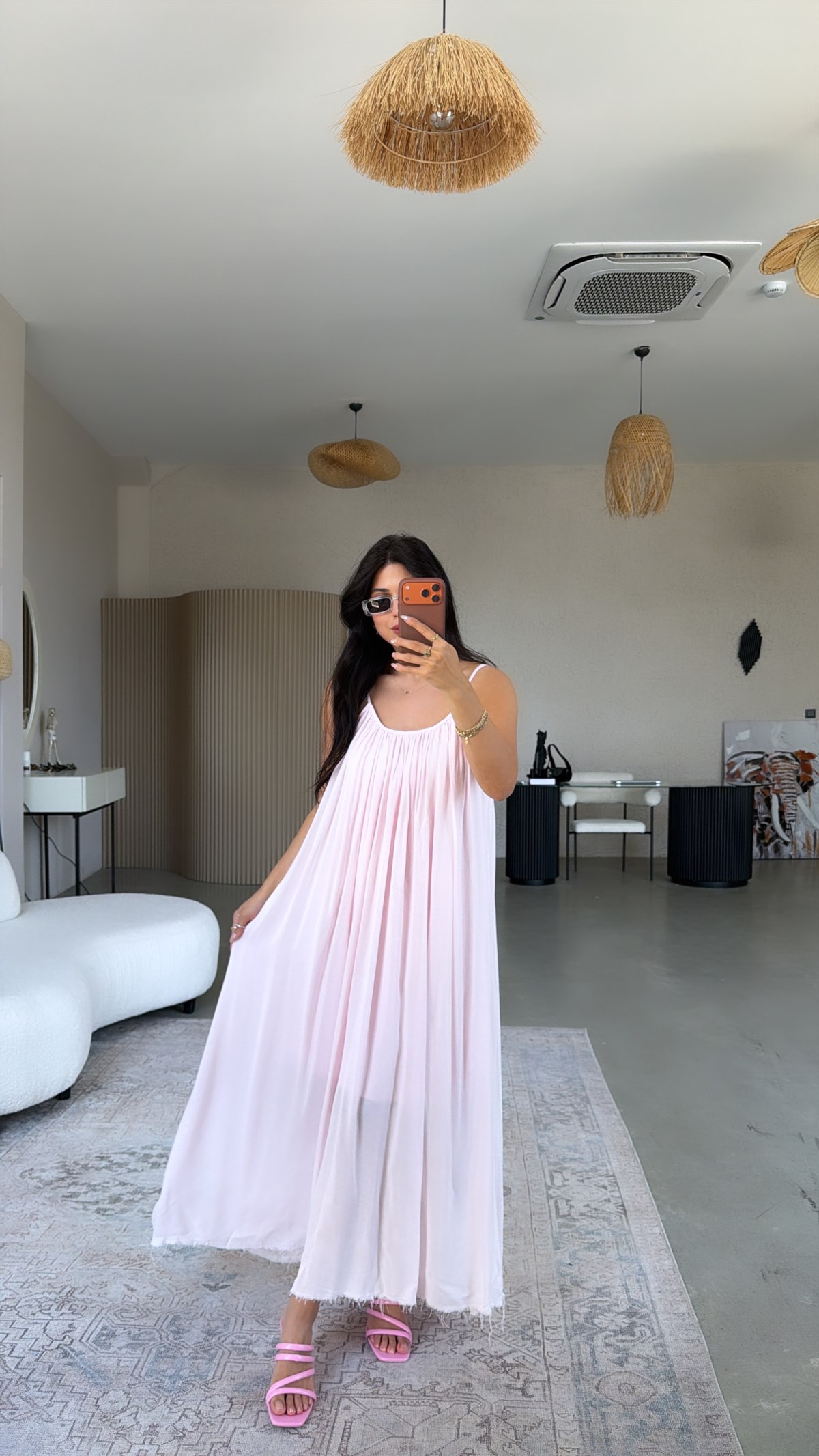 Pembe Askılı Romantik Pamuk Uzun Elbise