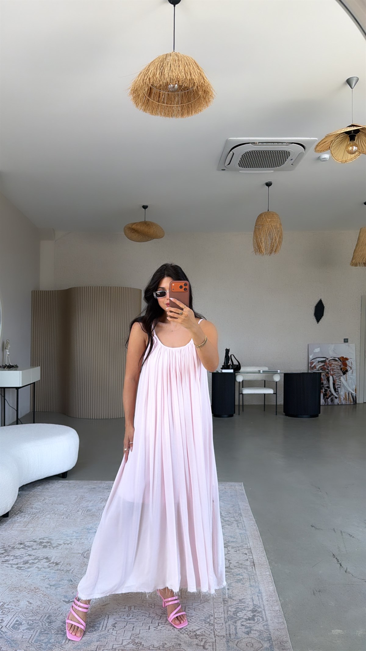 Pembe Askılı Romantik Pamuk Uzun Elbise