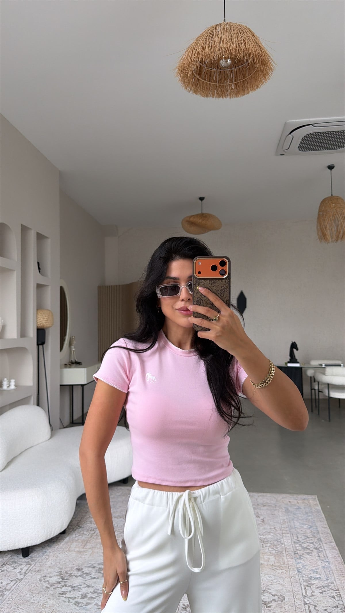 Pembe At Nakışlı Pamuk Crop Tshirt