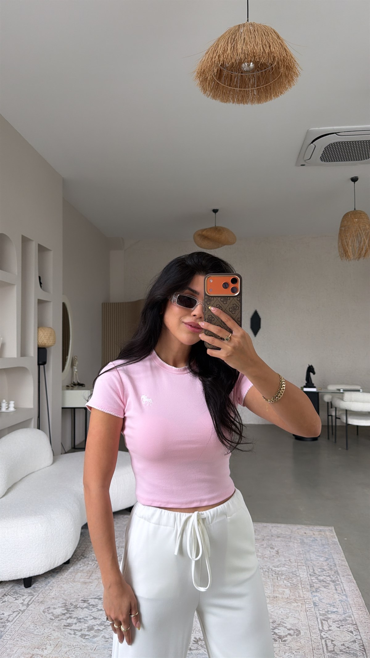 Pembe At Nakışlı Pamuk Crop Tshirt
