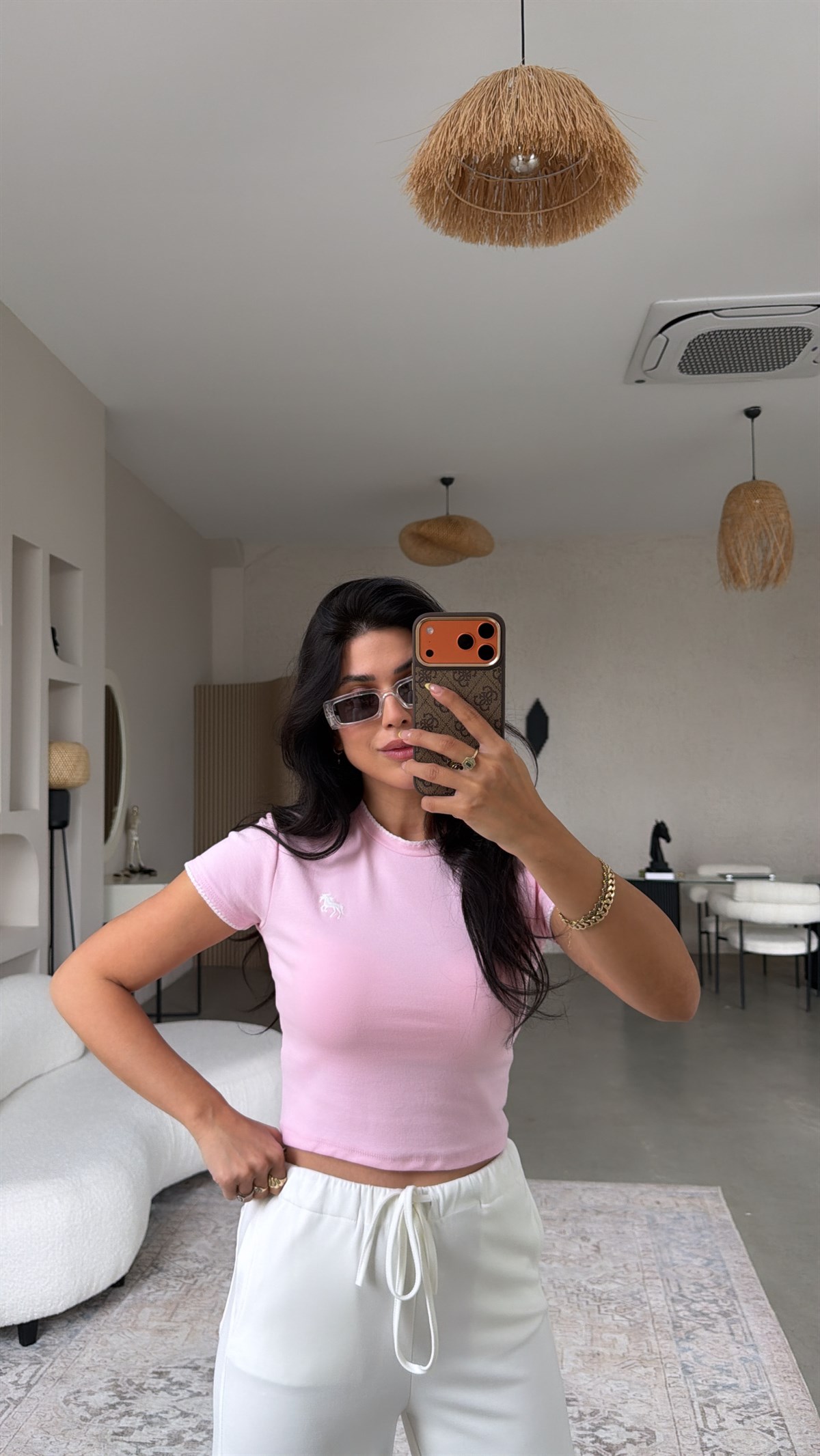 Pembe At Nakışlı Pamuk Crop Tshirt
