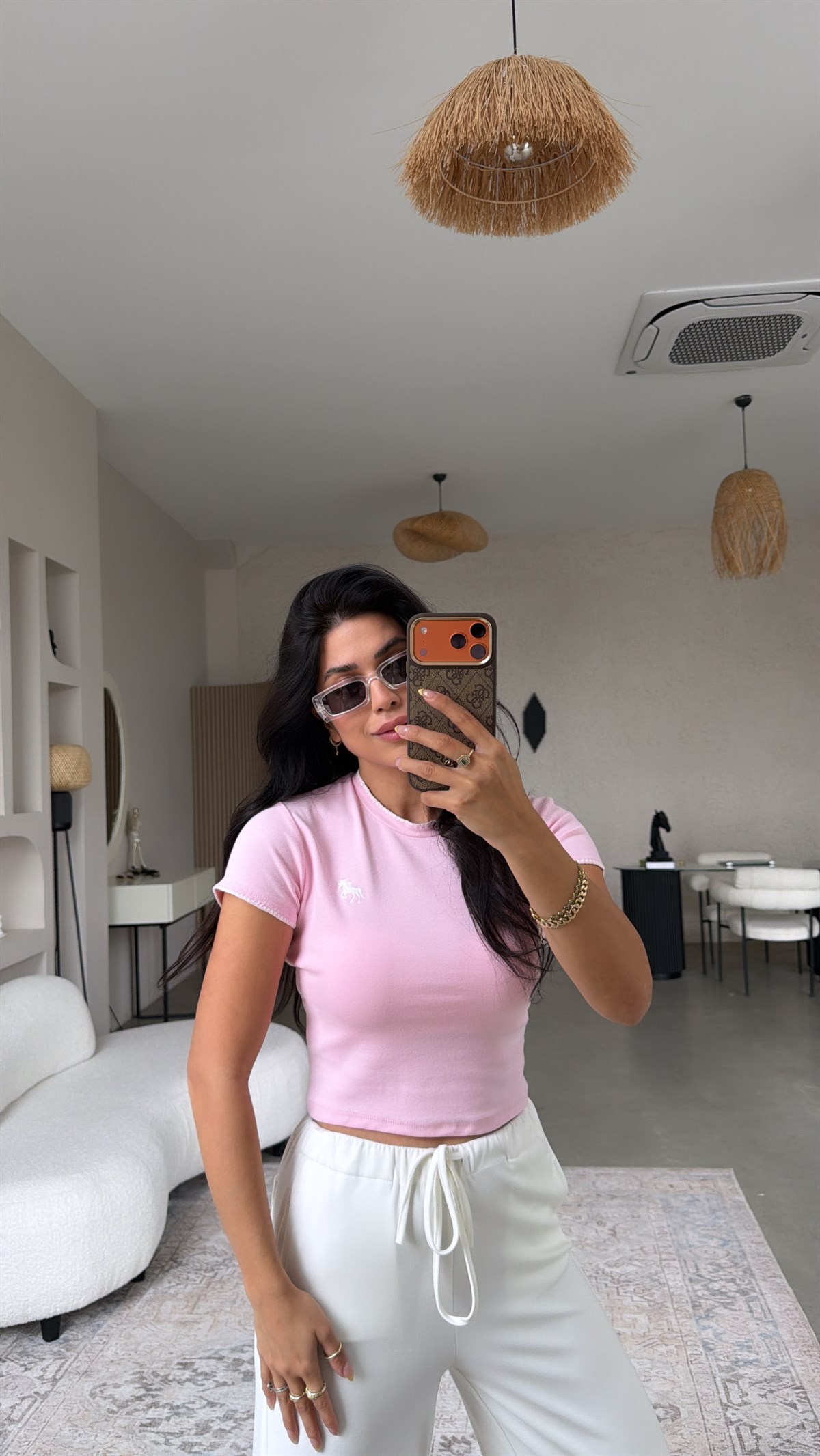 Pembe At Nakışlı Pamuk Crop Tshirt