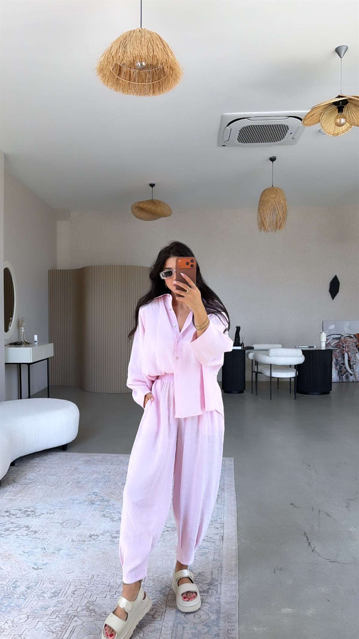 Pembe Baggy Pantolon Gömlek Tensel Takım