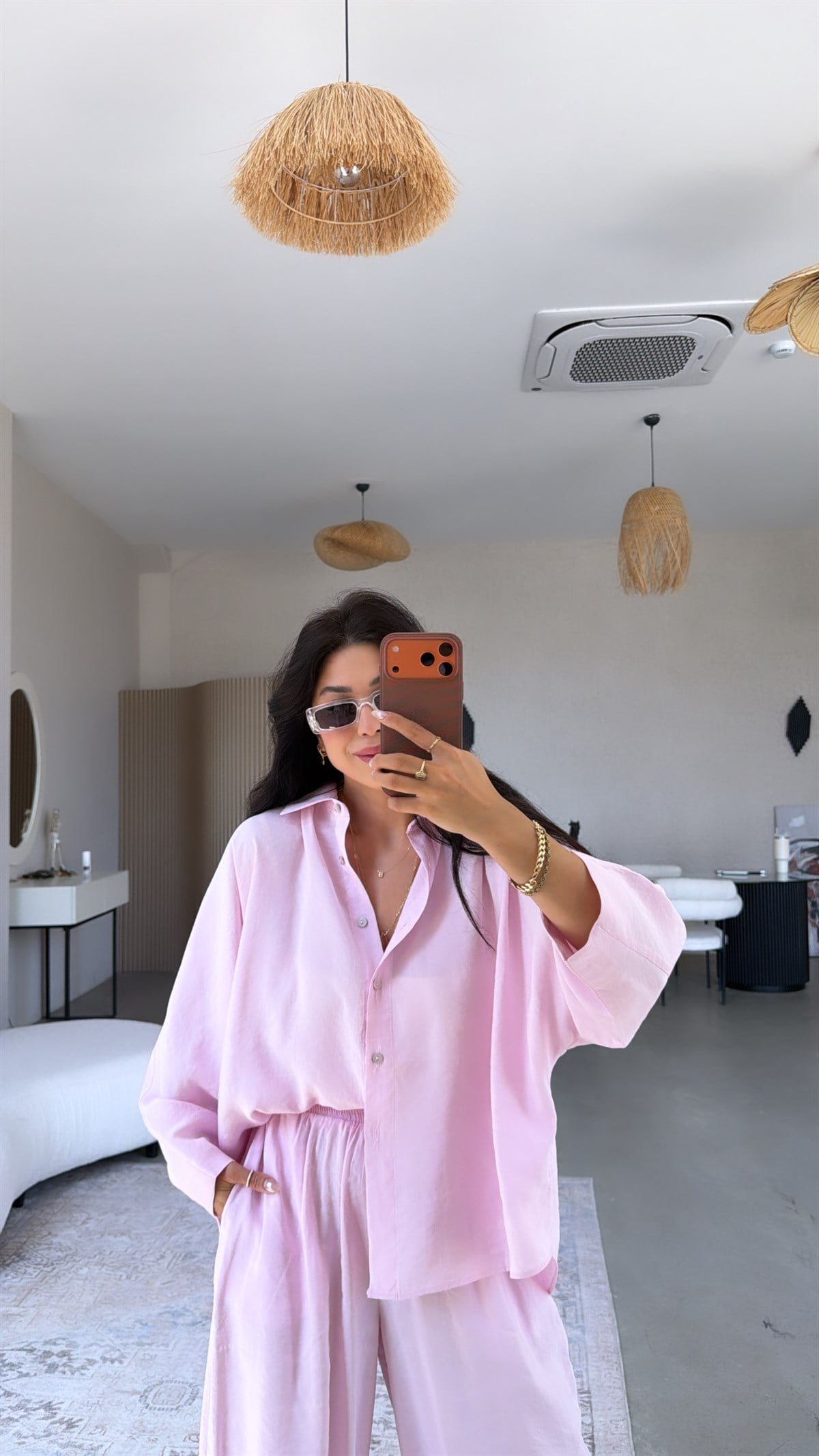 Pembe Baggy Pantolon Gömlek Tensel Takım