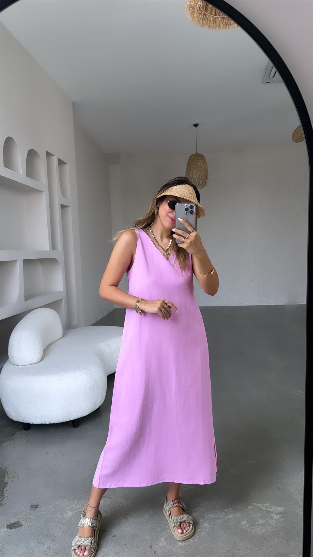 Pembe Basic V Yaka Keten Elbise