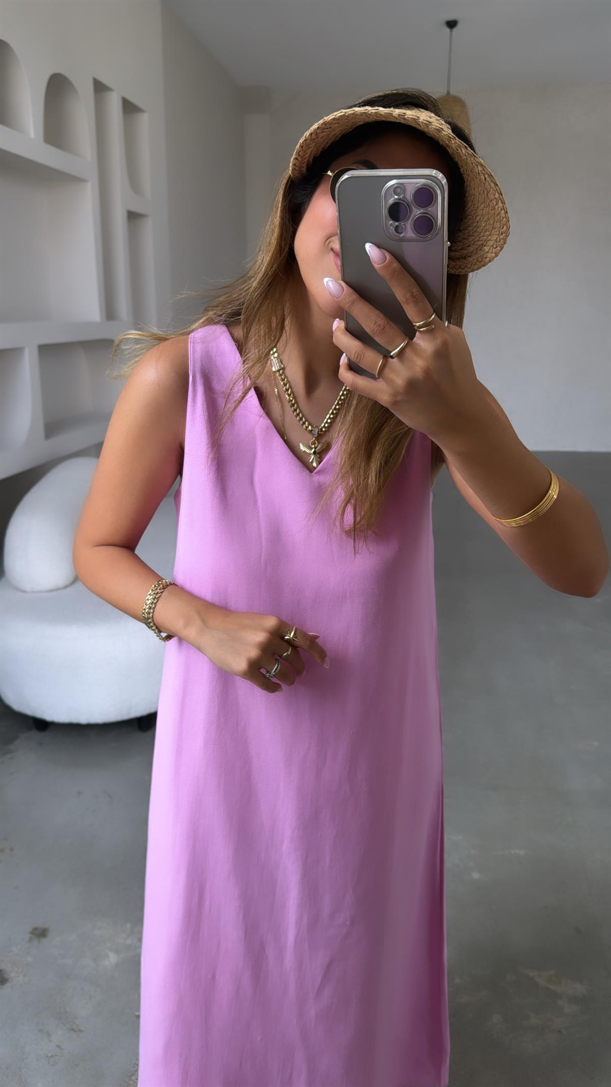 Pembe Basic V Yaka Keten Elbise