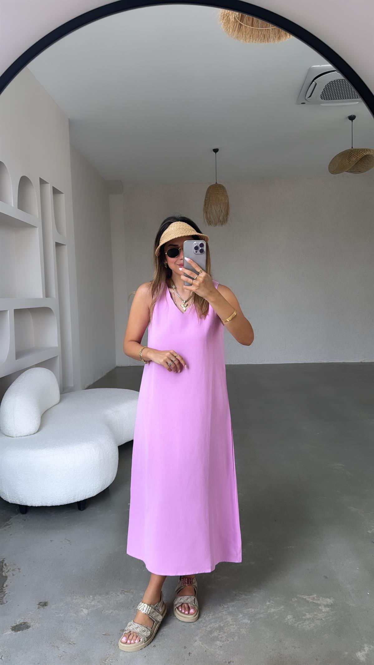 Pembe Basic V Yaka Keten Elbise