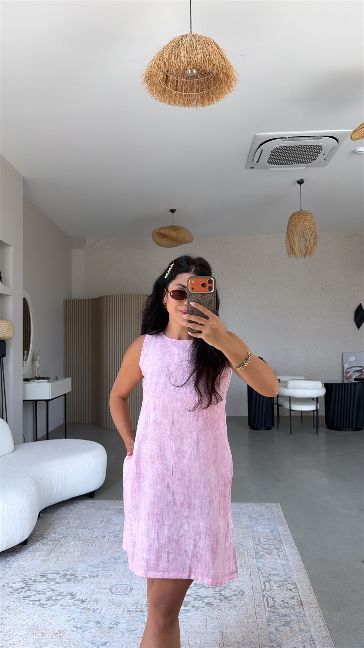 Pembe Basic Yıkamalı Kumaşlı Elbise