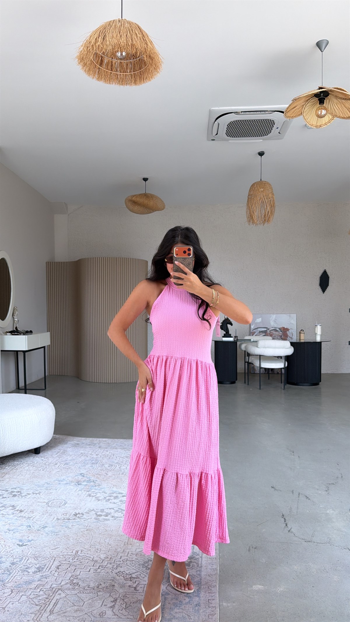 Pembe Bubble Halter Yaka Elbise