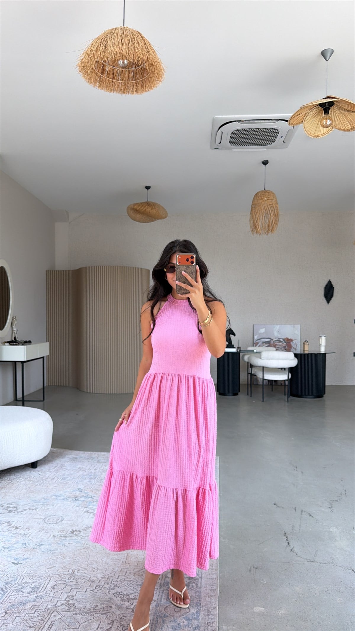 Pembe Bubble Halter Yaka Elbise