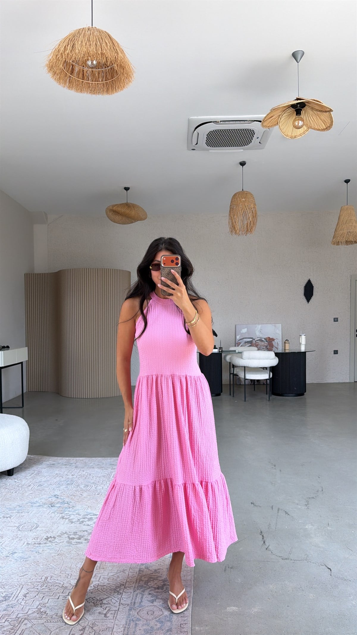 Pembe Bubble Halter Yaka Elbise