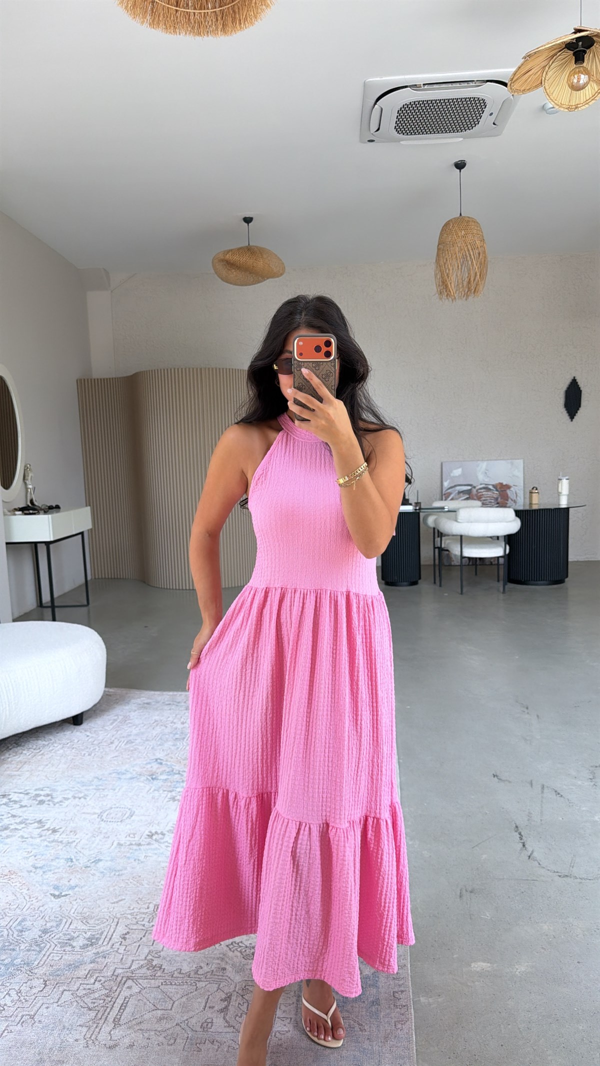 Pembe Bubble Halter Yaka Elbise
