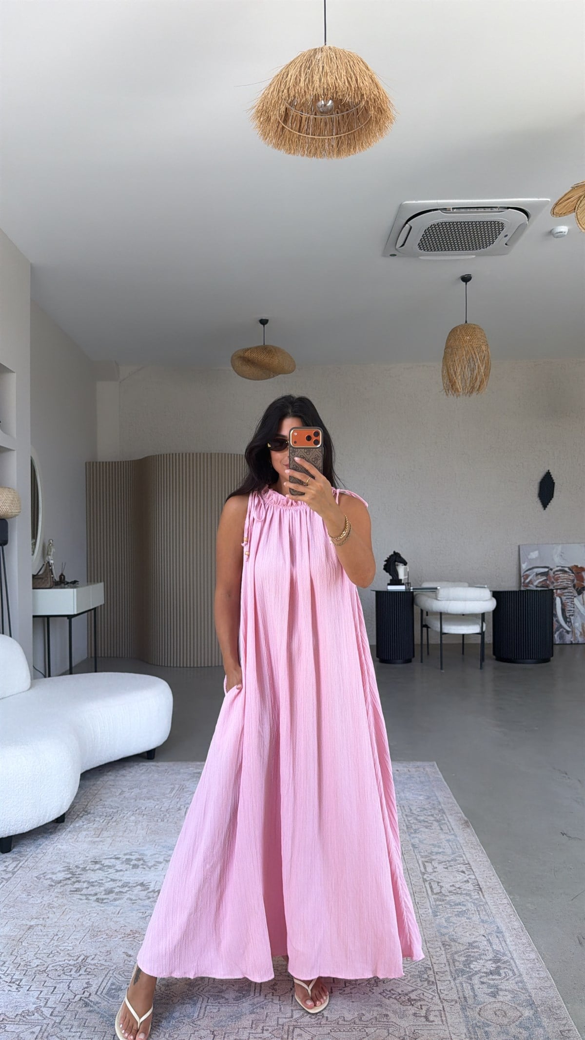 Pembe Bürümcük Kumaş Yaka Büzgülü Salaş Elbise