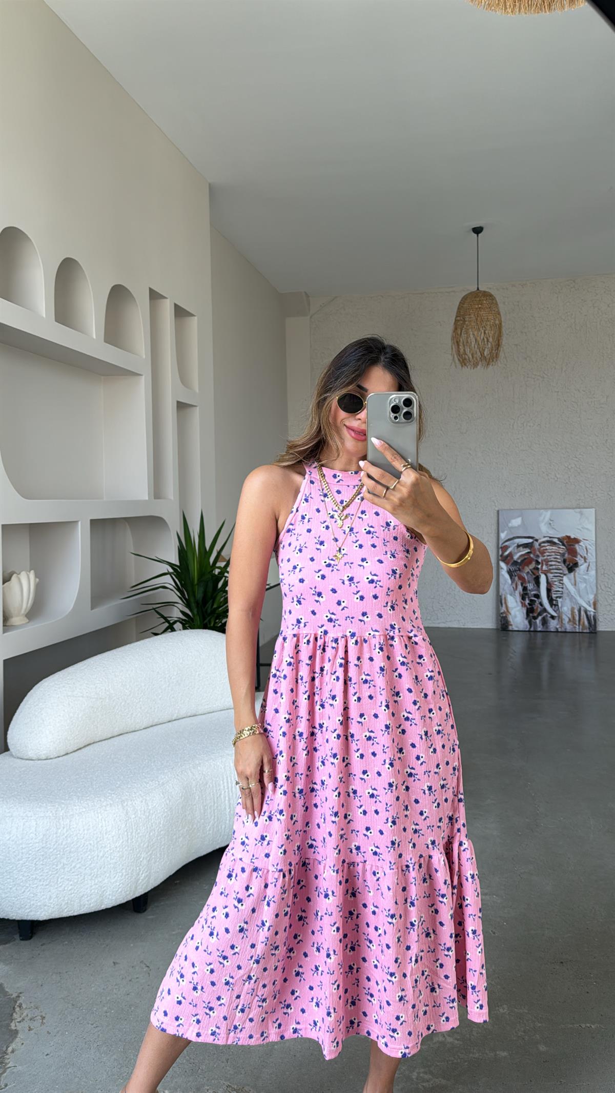 Pembe Çiçekli Desenli Halter Yaka Elbise