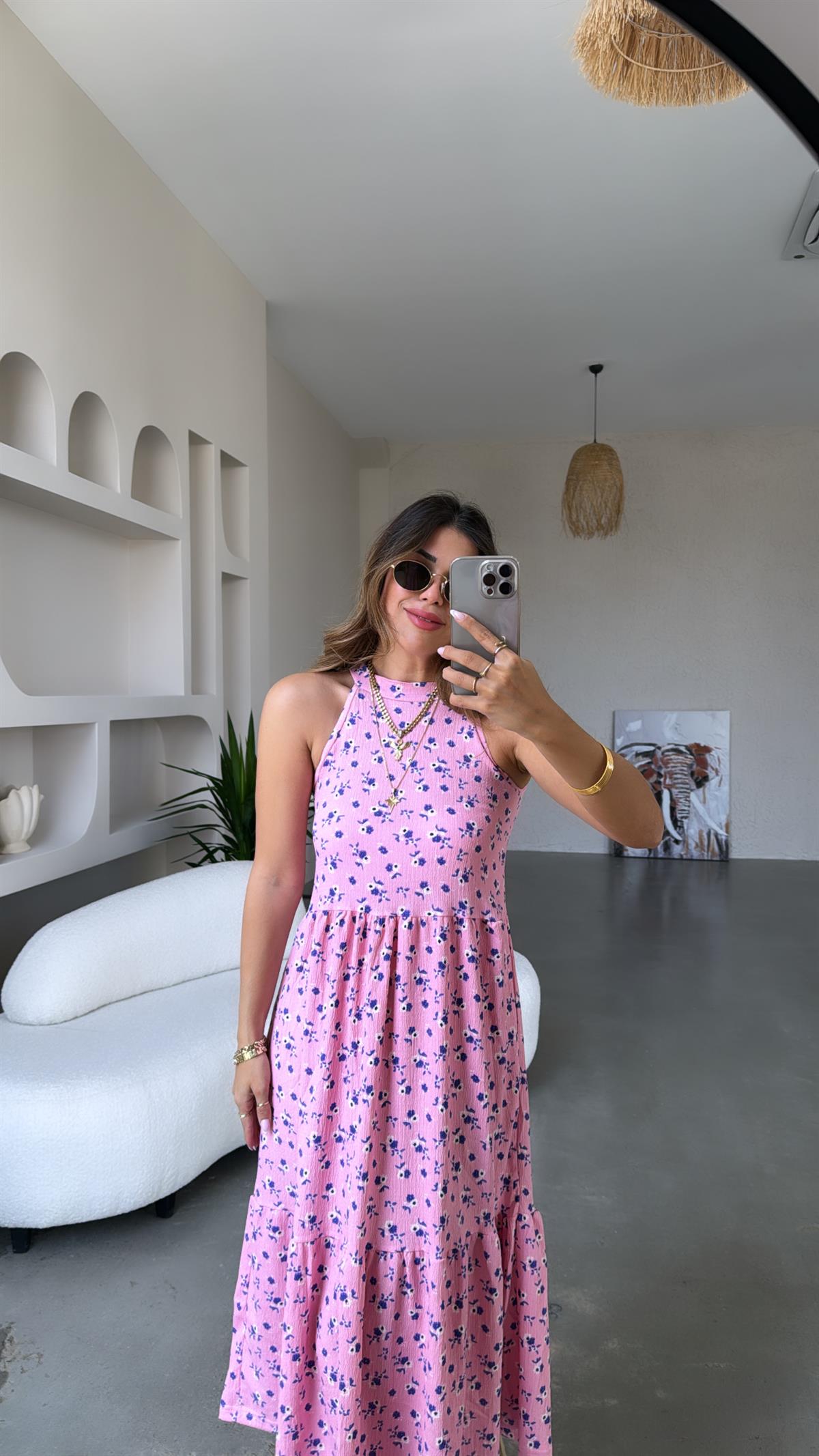 Pembe Çiçekli Desenli Halter Yaka Elbise