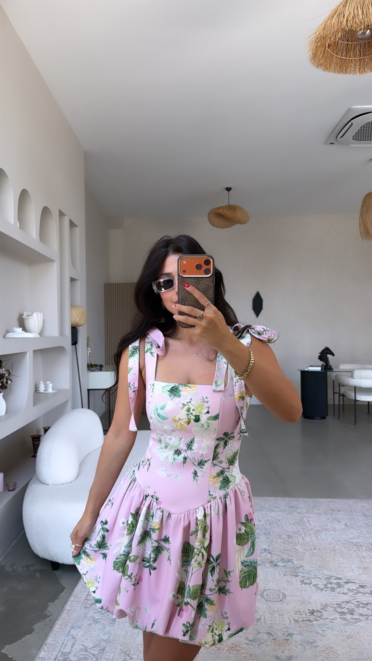 Pembe Çiçekli Krep Kumaş Beli Korseli Balon Elbise