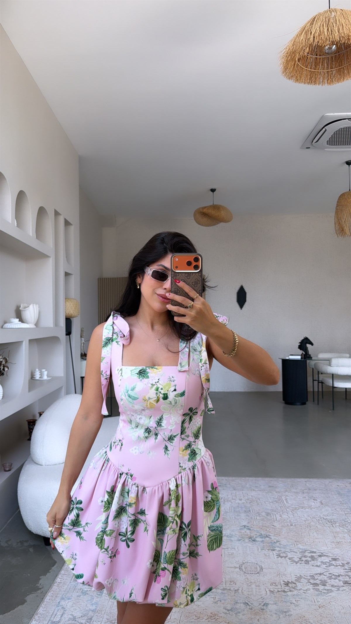 Pembe Çiçekli Krep Kumaş Beli Korseli Balon Elbise