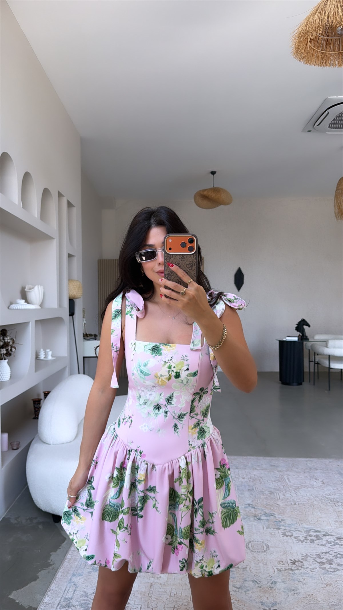 Pembe Çiçekli Krep Kumaş Beli Korseli Balon Elbise