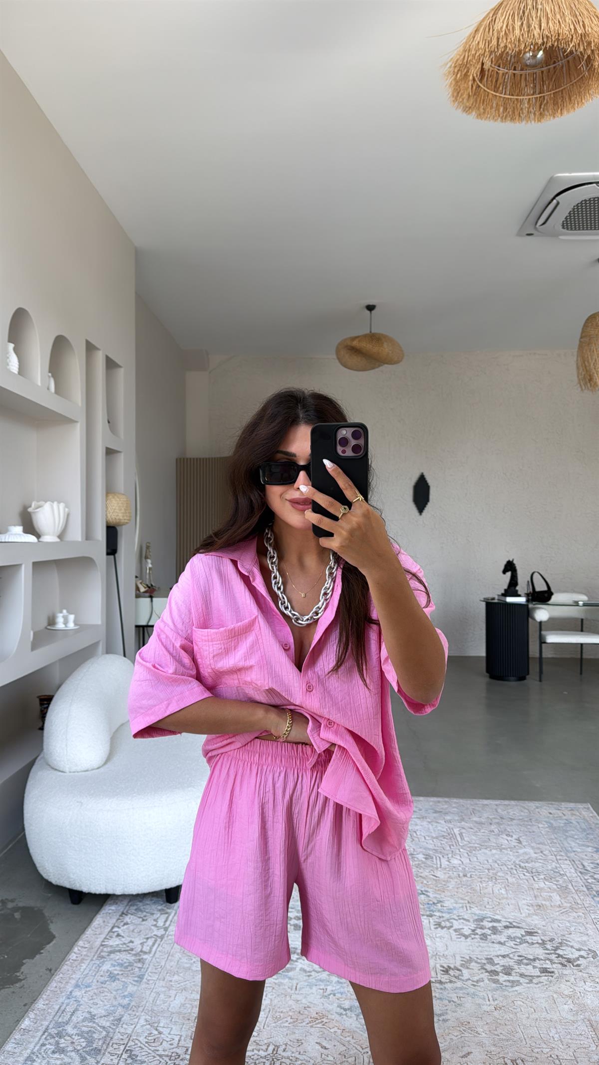 Pembe Çilek Kumaş Şort Gömlek Takım