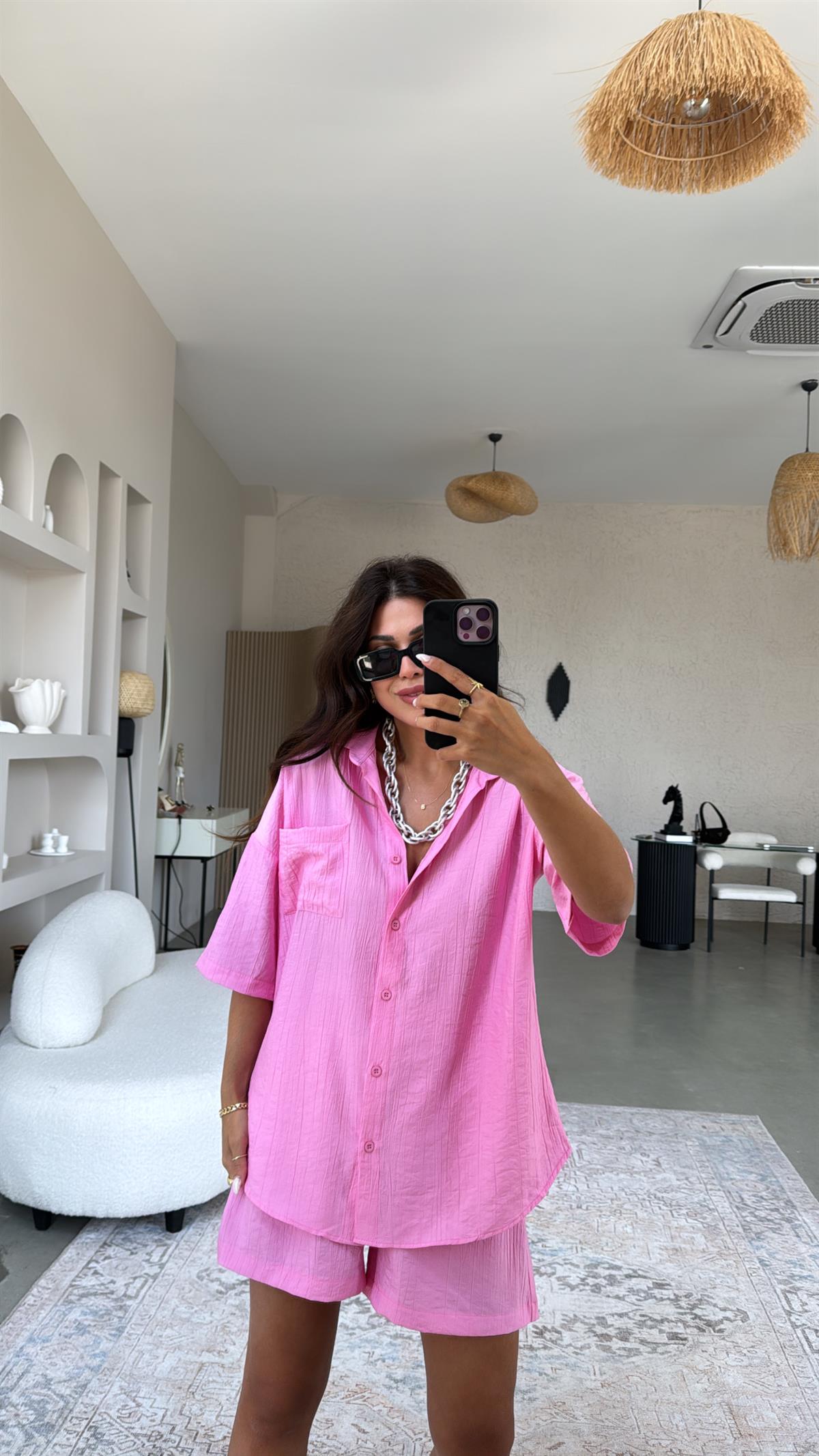 Pembe Çilek Kumaş Şort Gömlek Takım