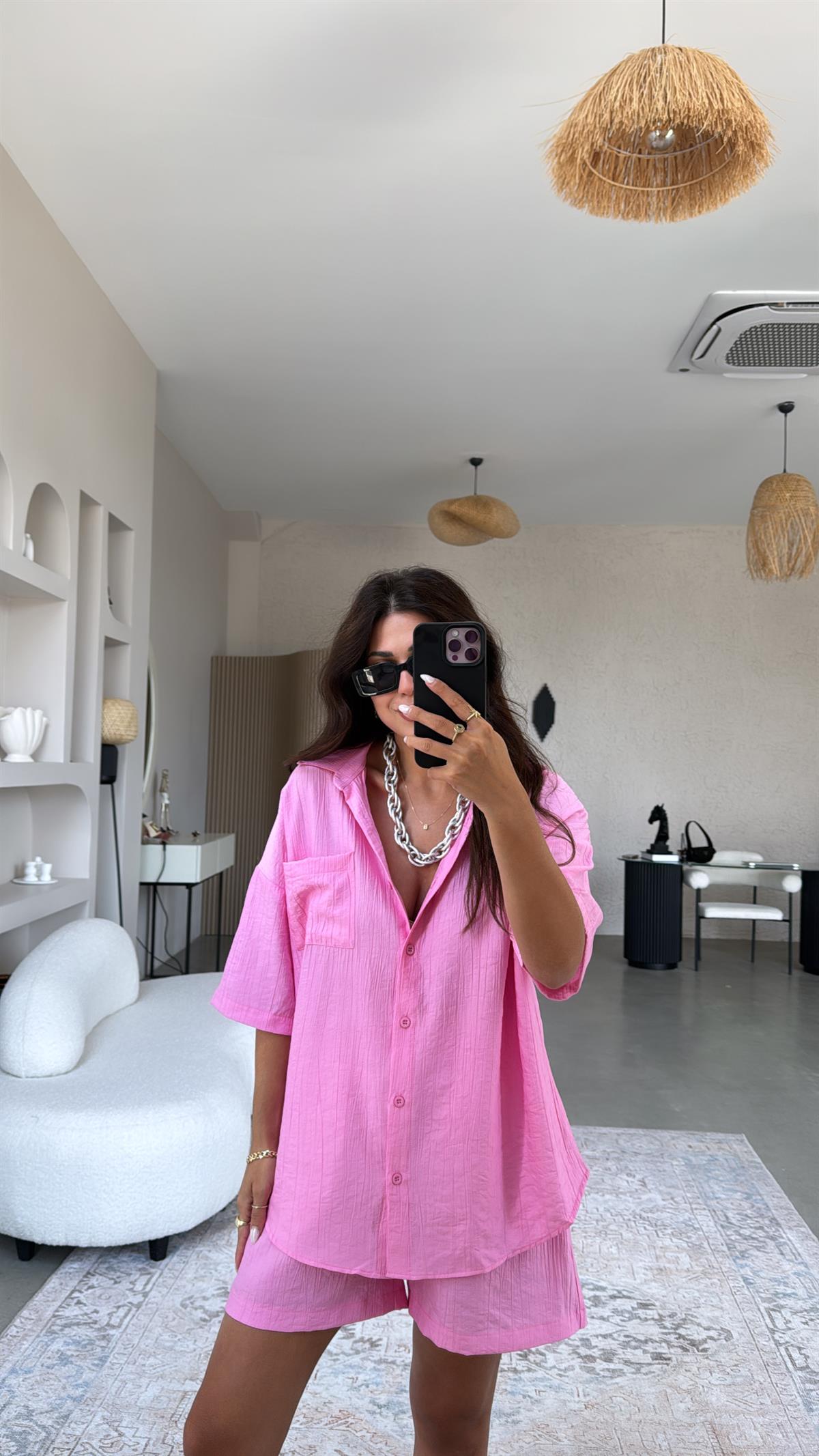 Pembe Çilek Kumaş Şort Gömlek Takım