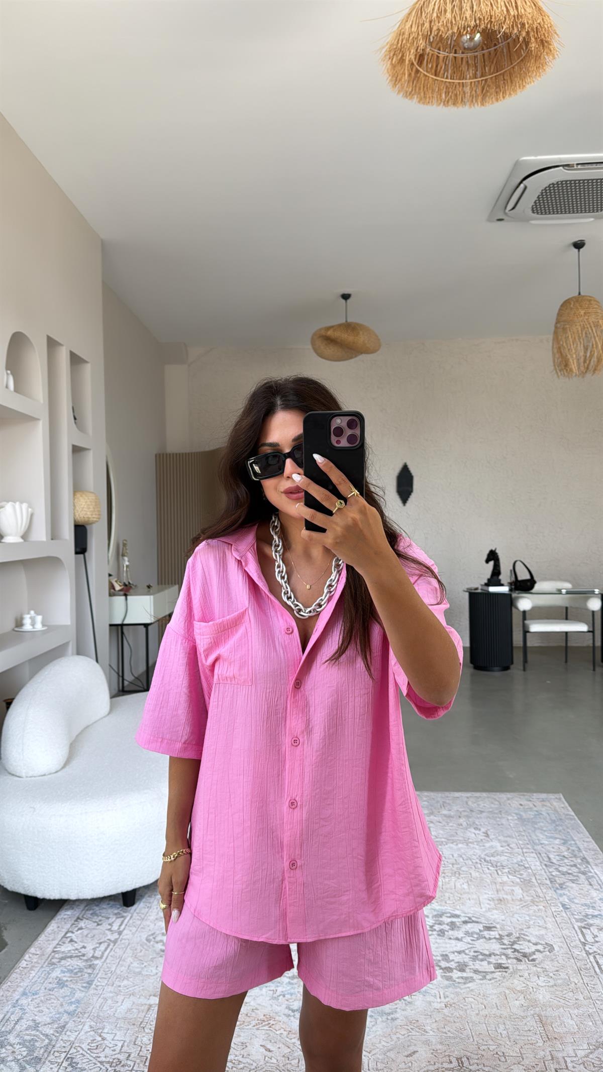 Pembe Çilek Kumaş Şort Gömlek Takım