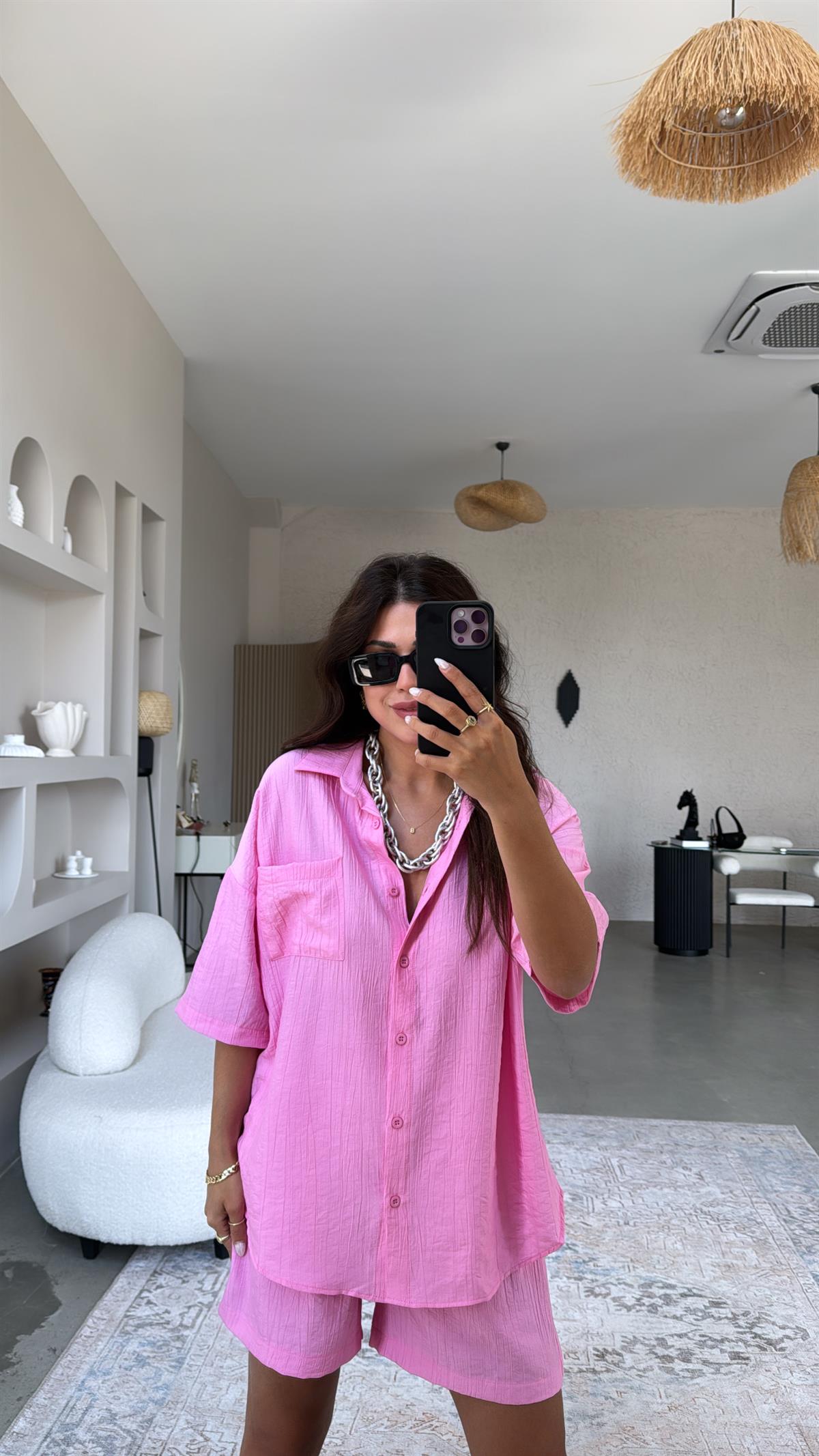 Pembe Çilek Kumaş Şort Gömlek Takım