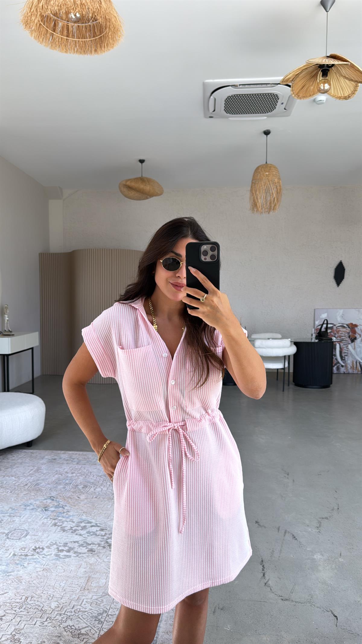 Pembe Çizgili Beli Kuşaklı Rahat Elbise