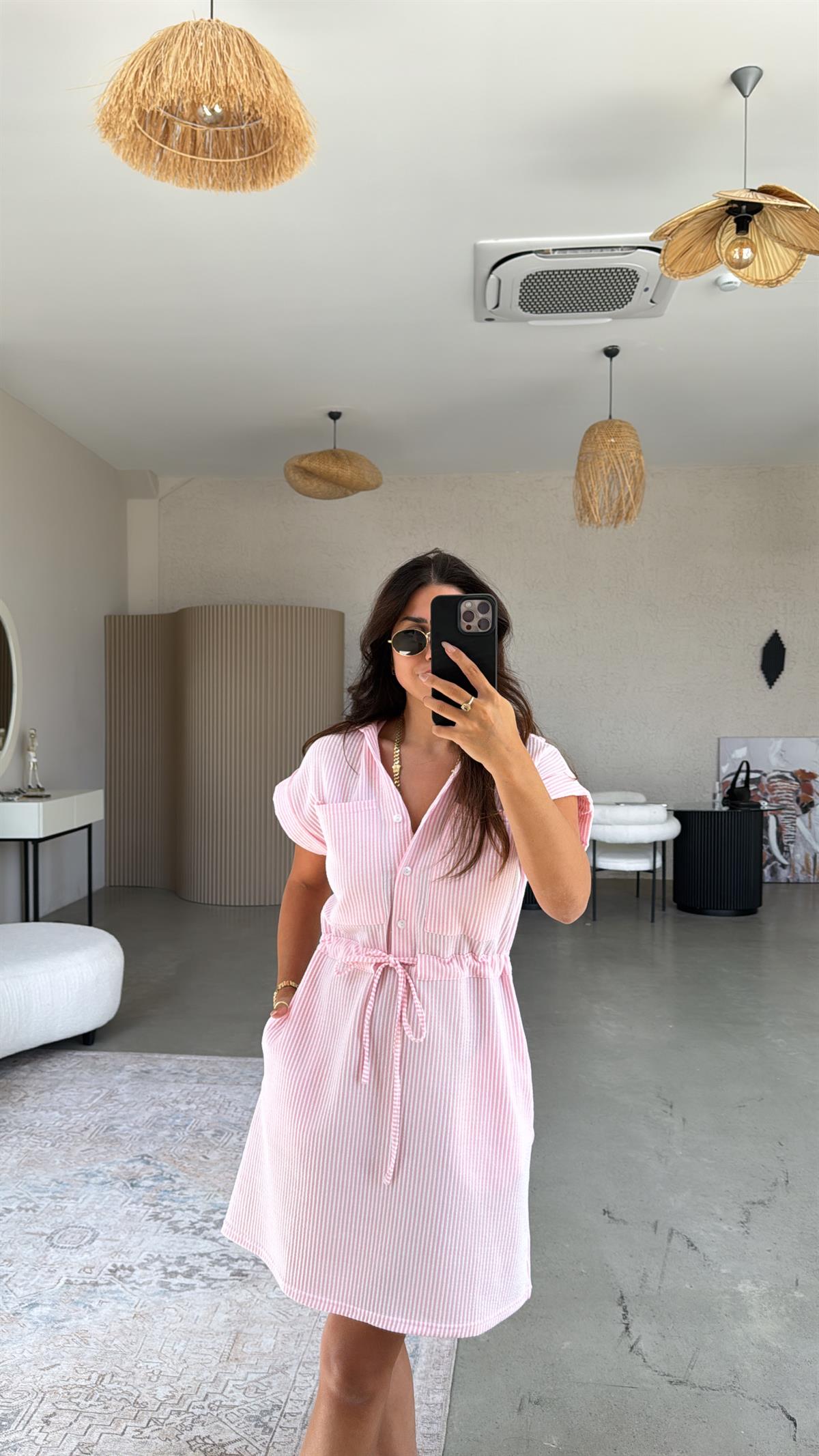 Pembe Çizgili Beli Kuşaklı Rahat Elbise