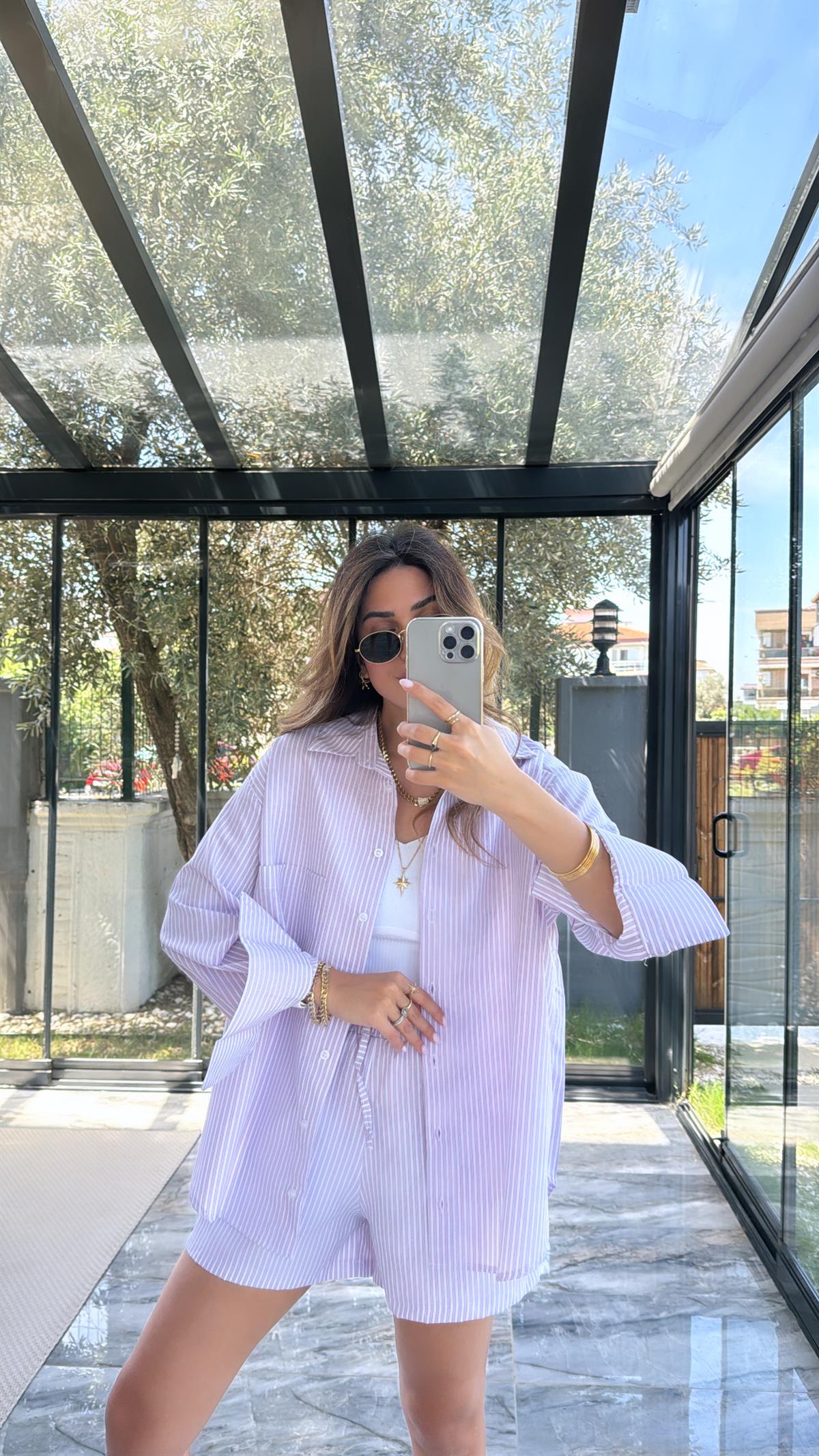 Pembe Çizgili Poplin Şortlu Takım