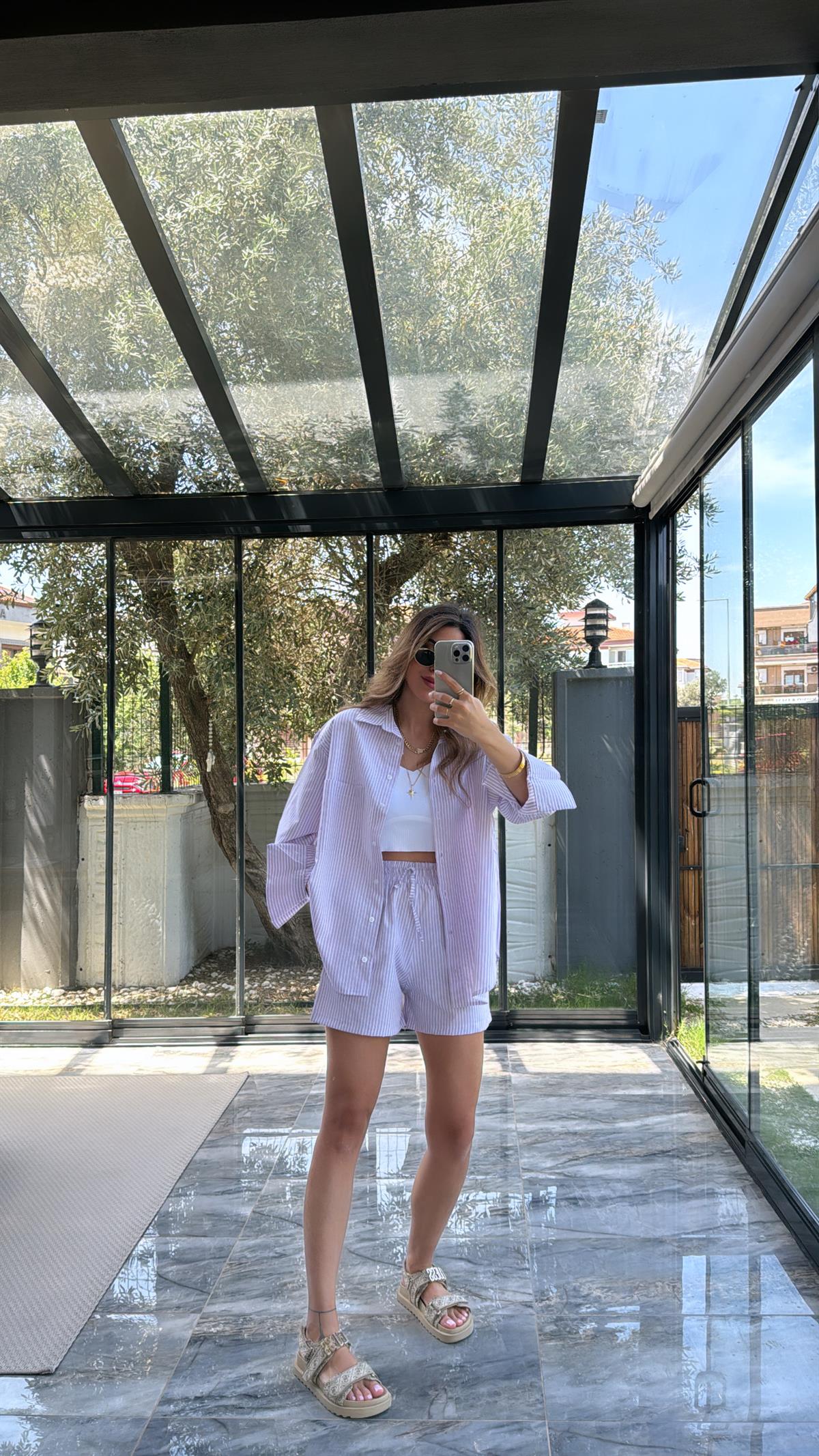 Pembe Çizgili Poplin Şortlu Takım