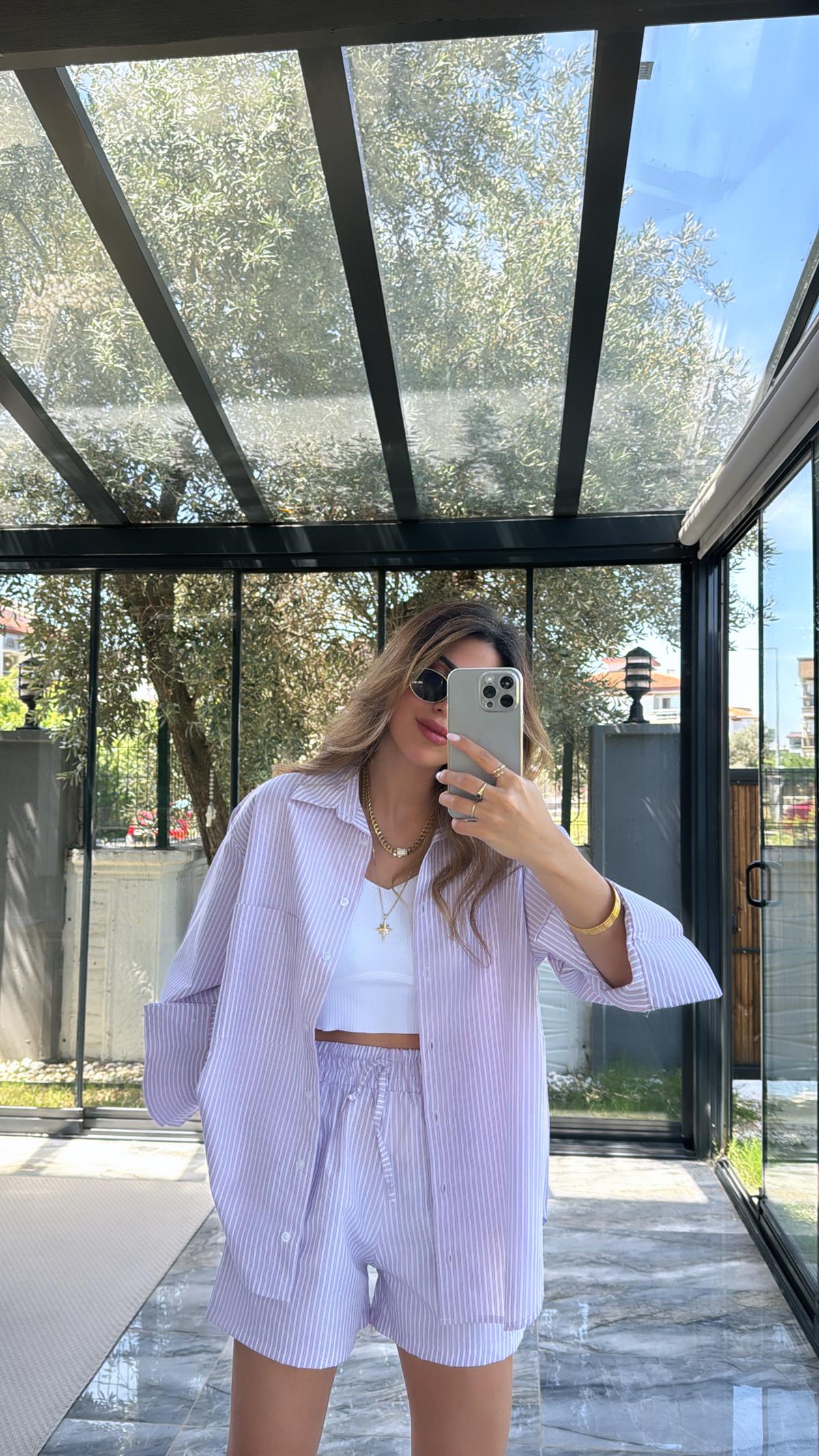 Pembe Çizgili Poplin Şortlu Takım