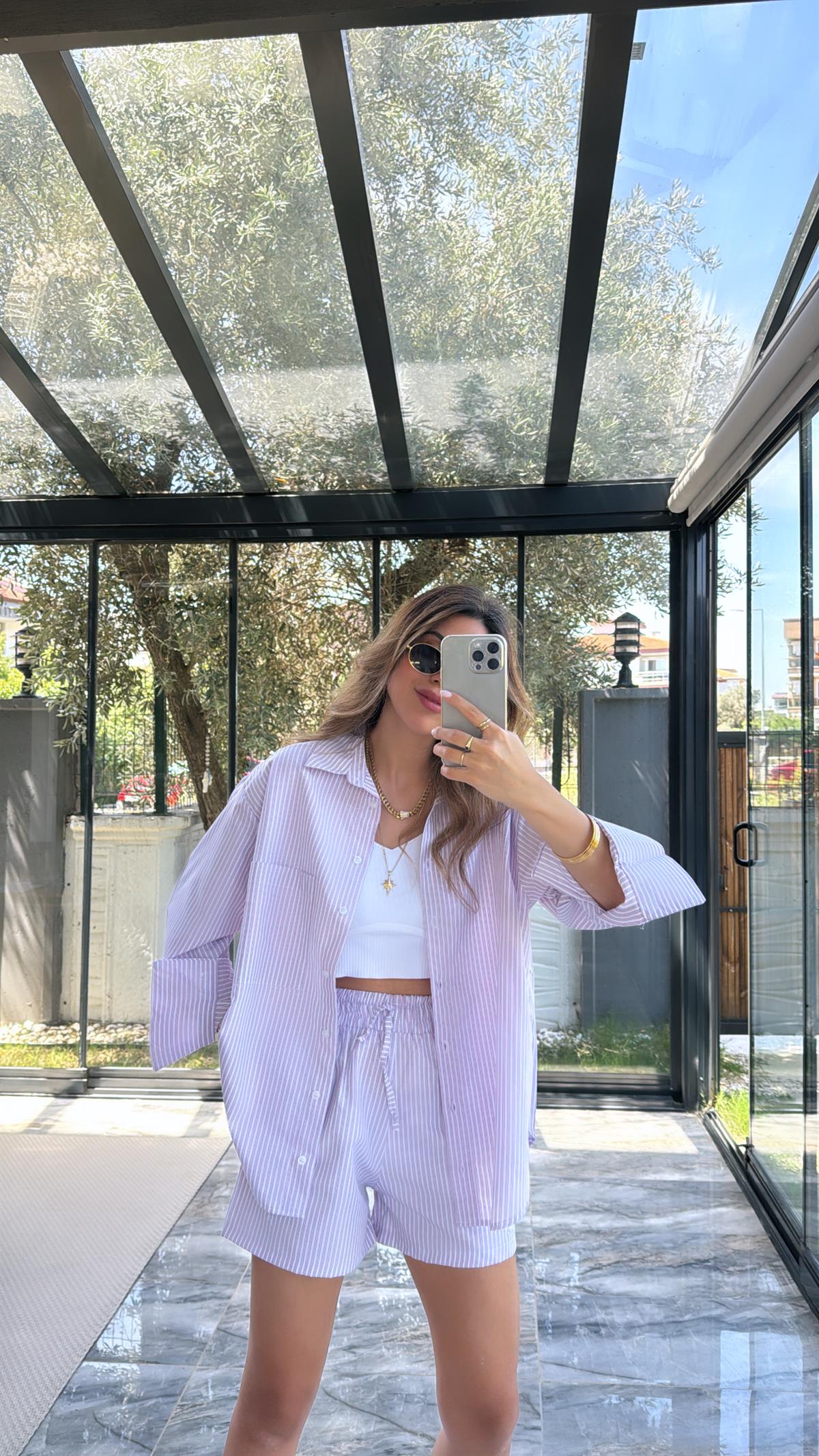 Pembe Çizgili Poplin Şortlu Takım