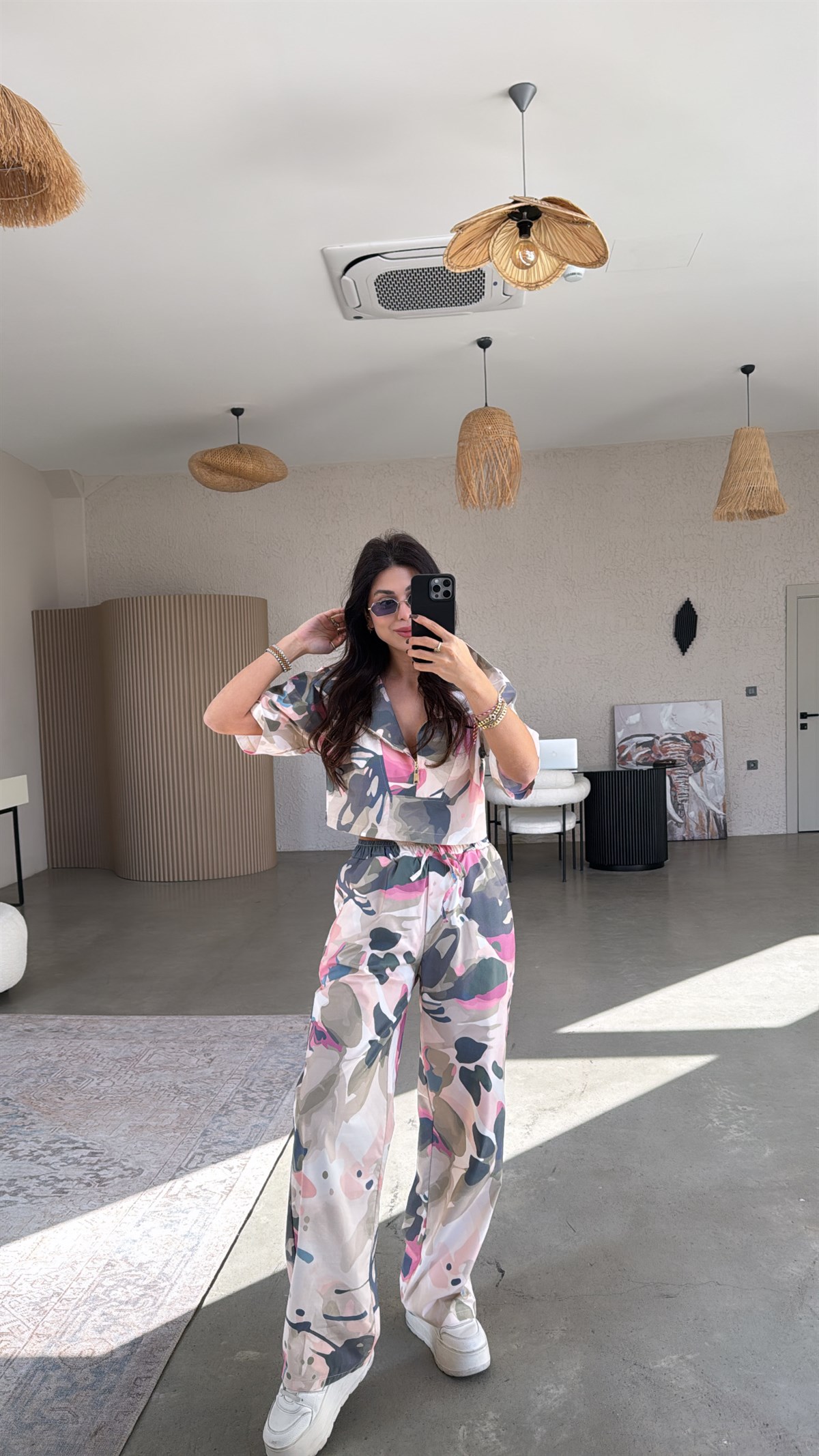 Pembe Desenli Çok Renkli Poplin Bluz Takım