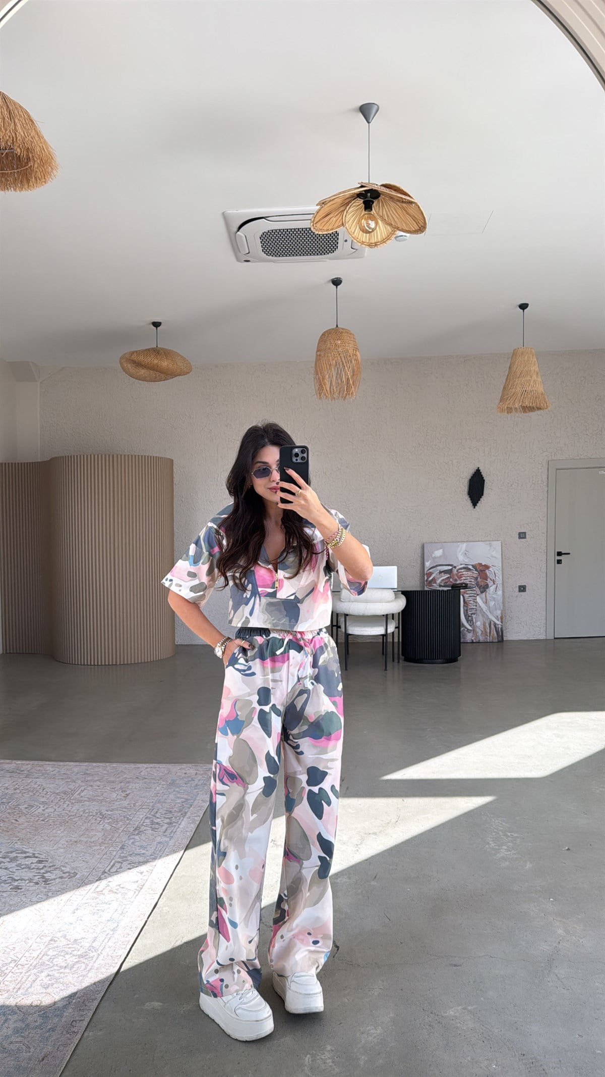 Pembe Desenli Çok Renkli Poplin Bluz Takım