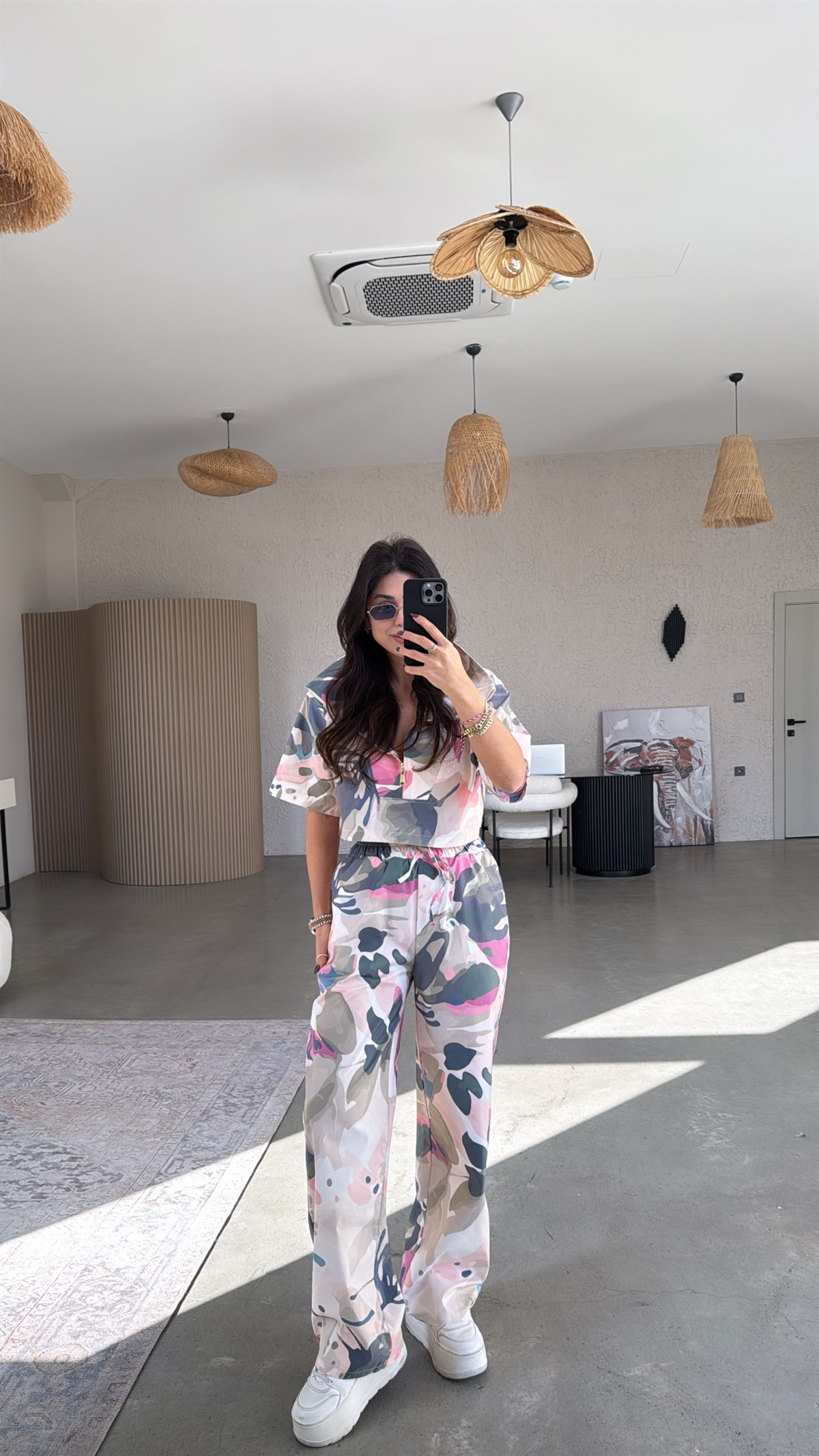 Pembe Desenli Çok Renkli Poplin Bluz Takım