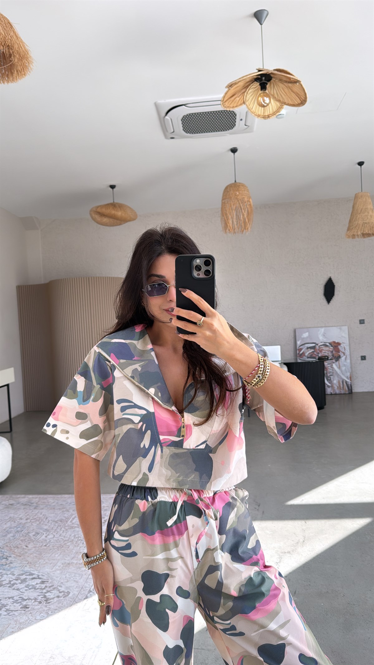 Pembe Desenli Çok Renkli Poplin Bluz Takım