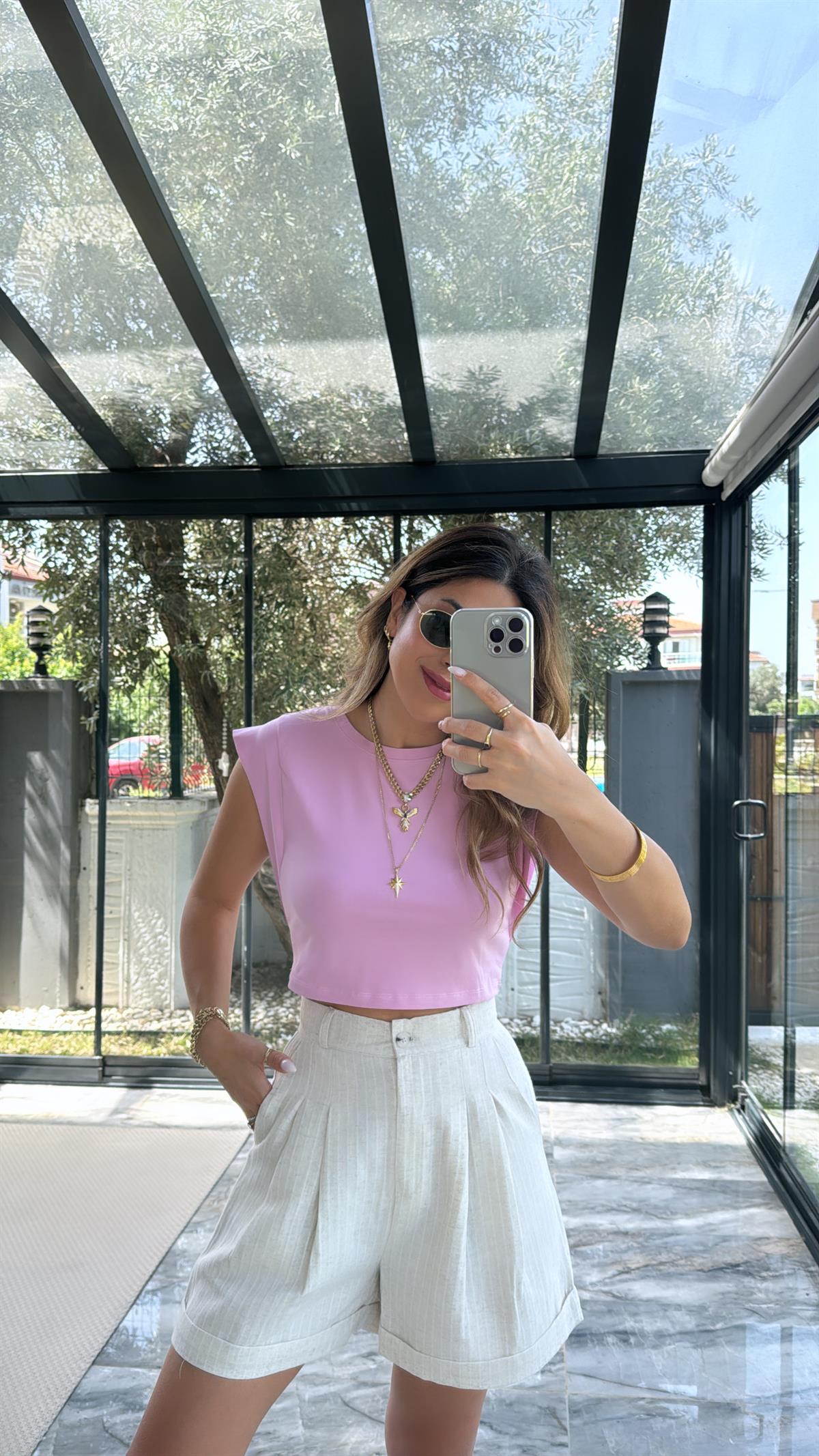 Pembe Dik Omuzlu Tshirt