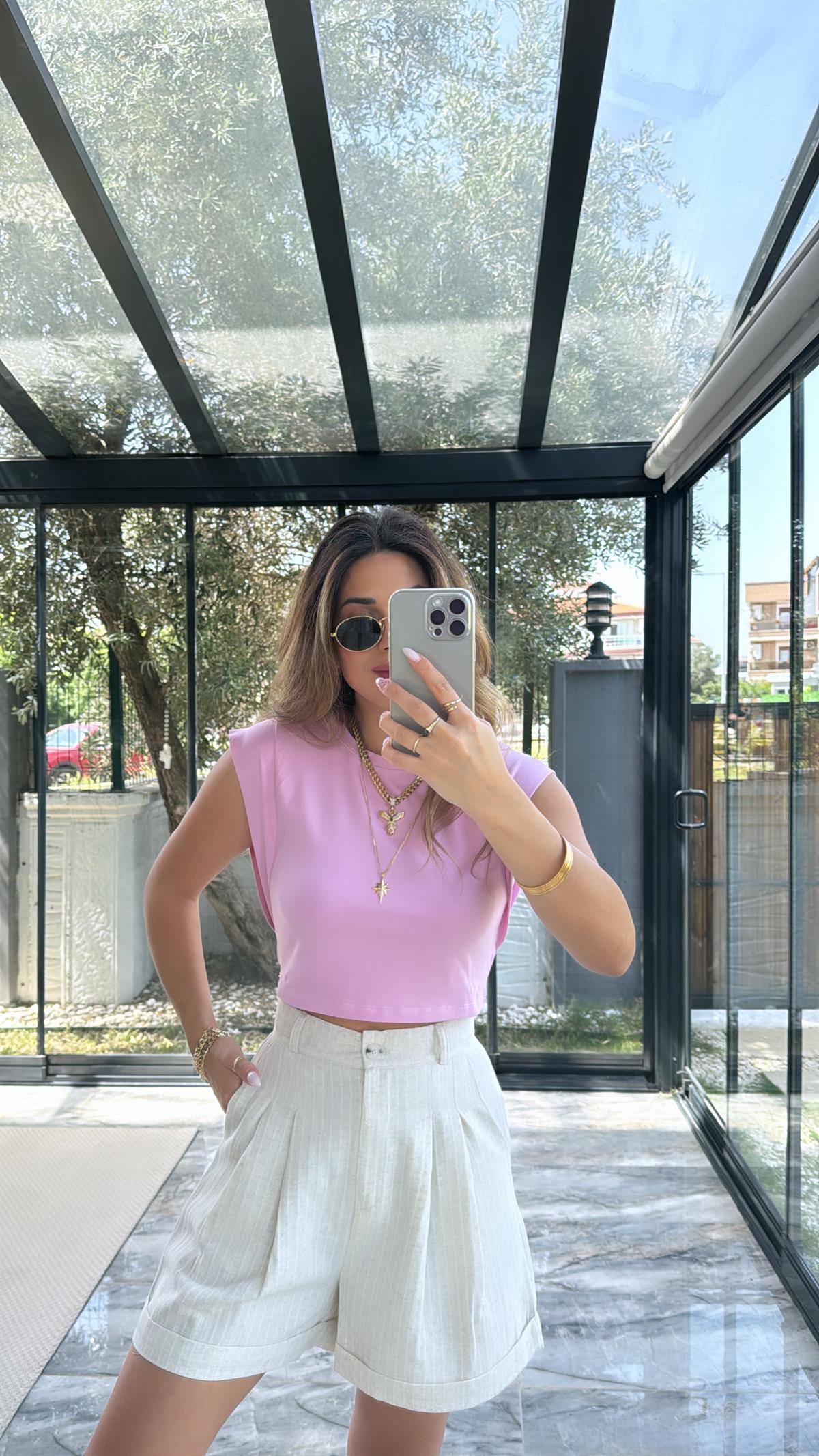 Pembe Dik Omuzlu Tshirt