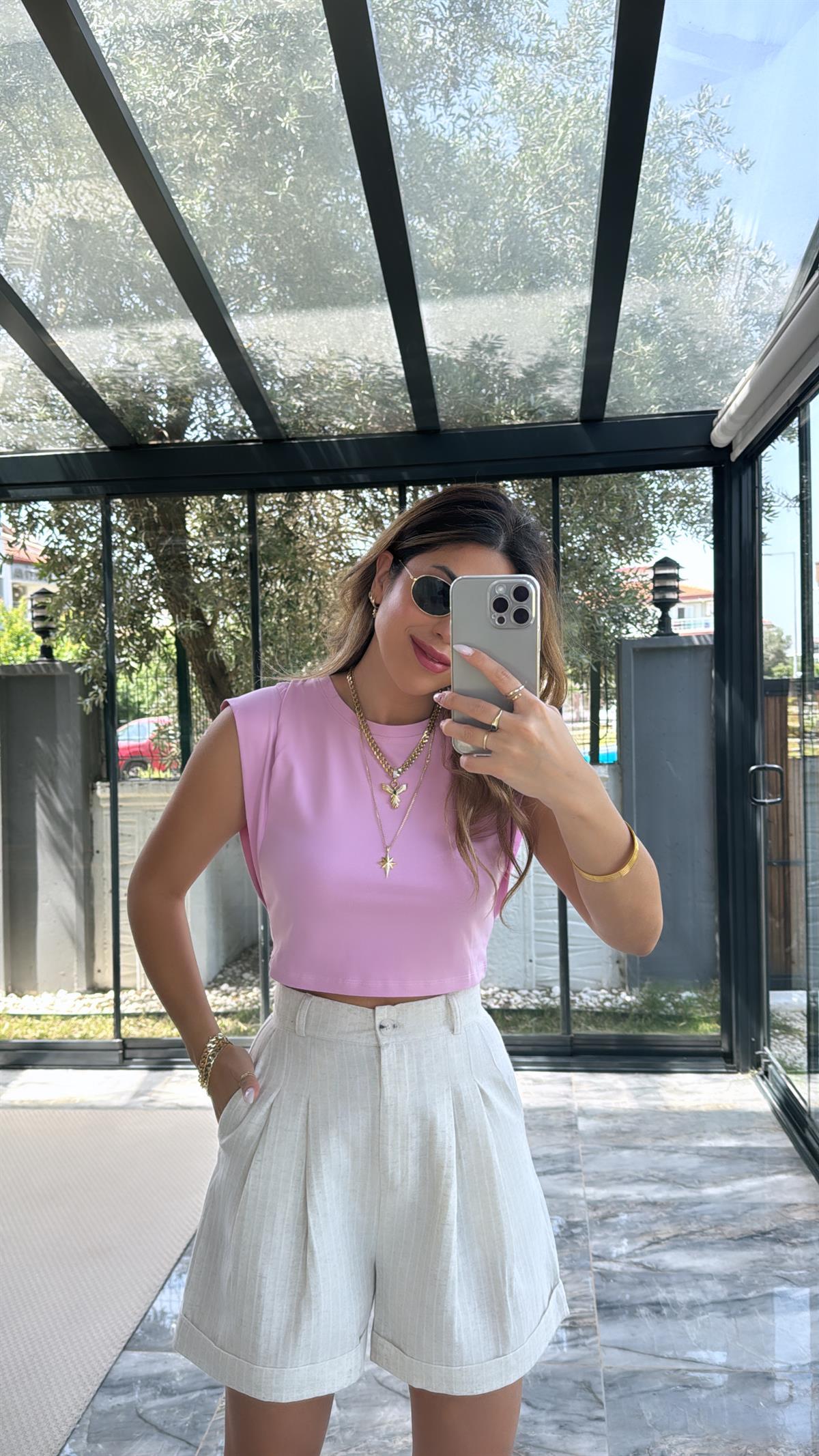 Pembe Dik Omuzlu Tshirt