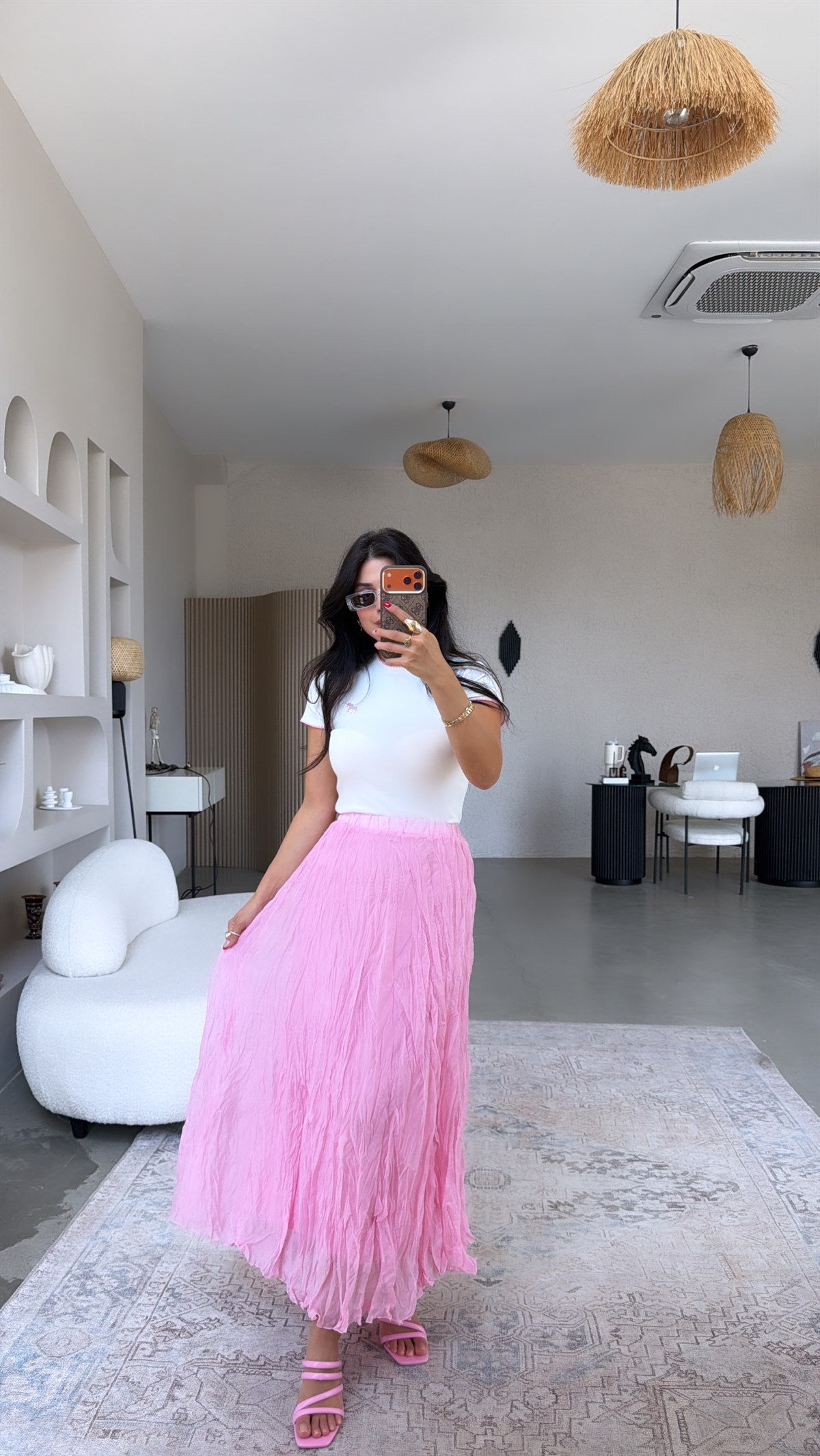 Pembe Dokuma Tensel Tam Boy Astarlı Kırışık Etek