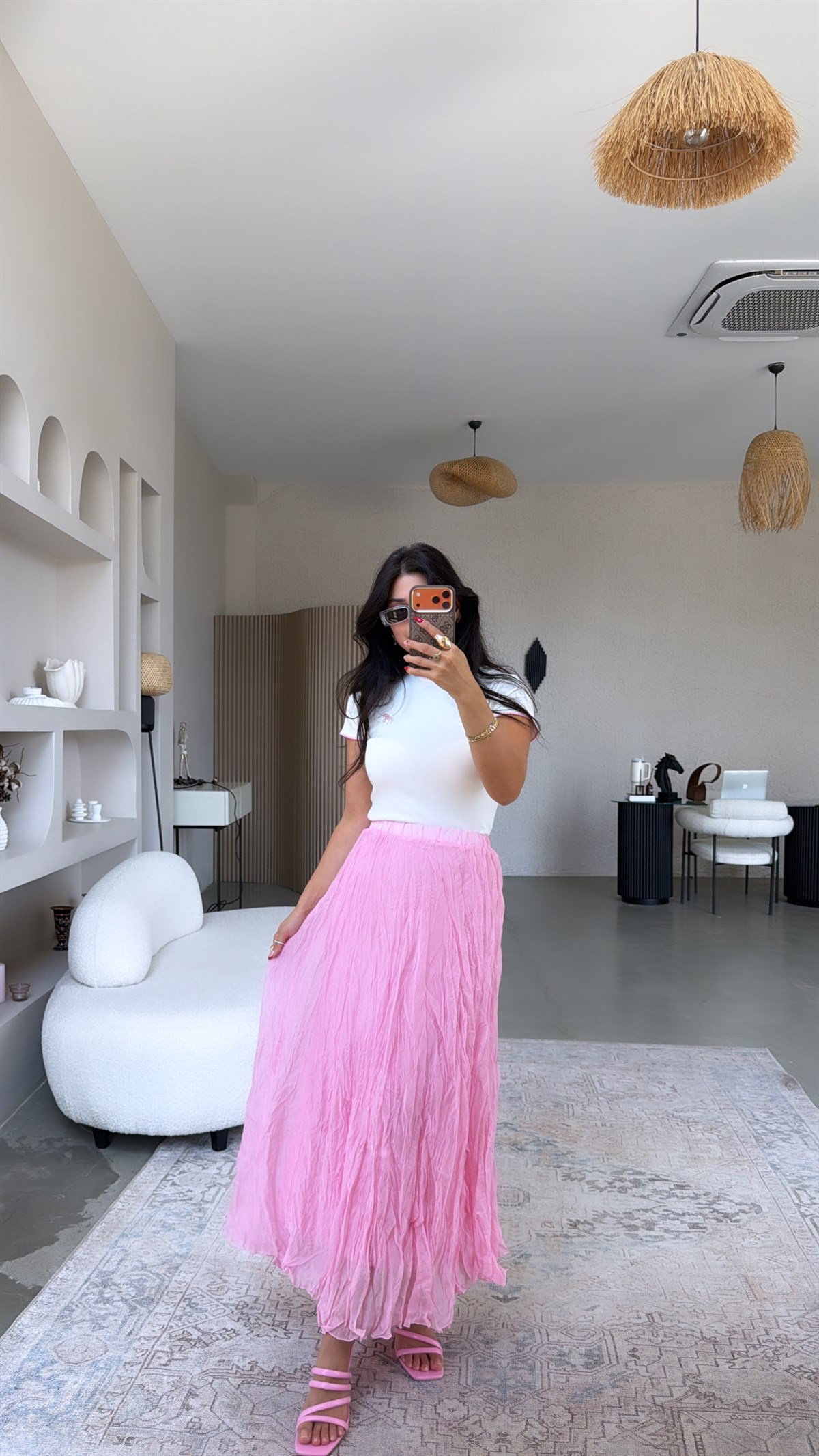 Pembe Dokuma Tensel Tam Boy Astarlı Kırışık Etek