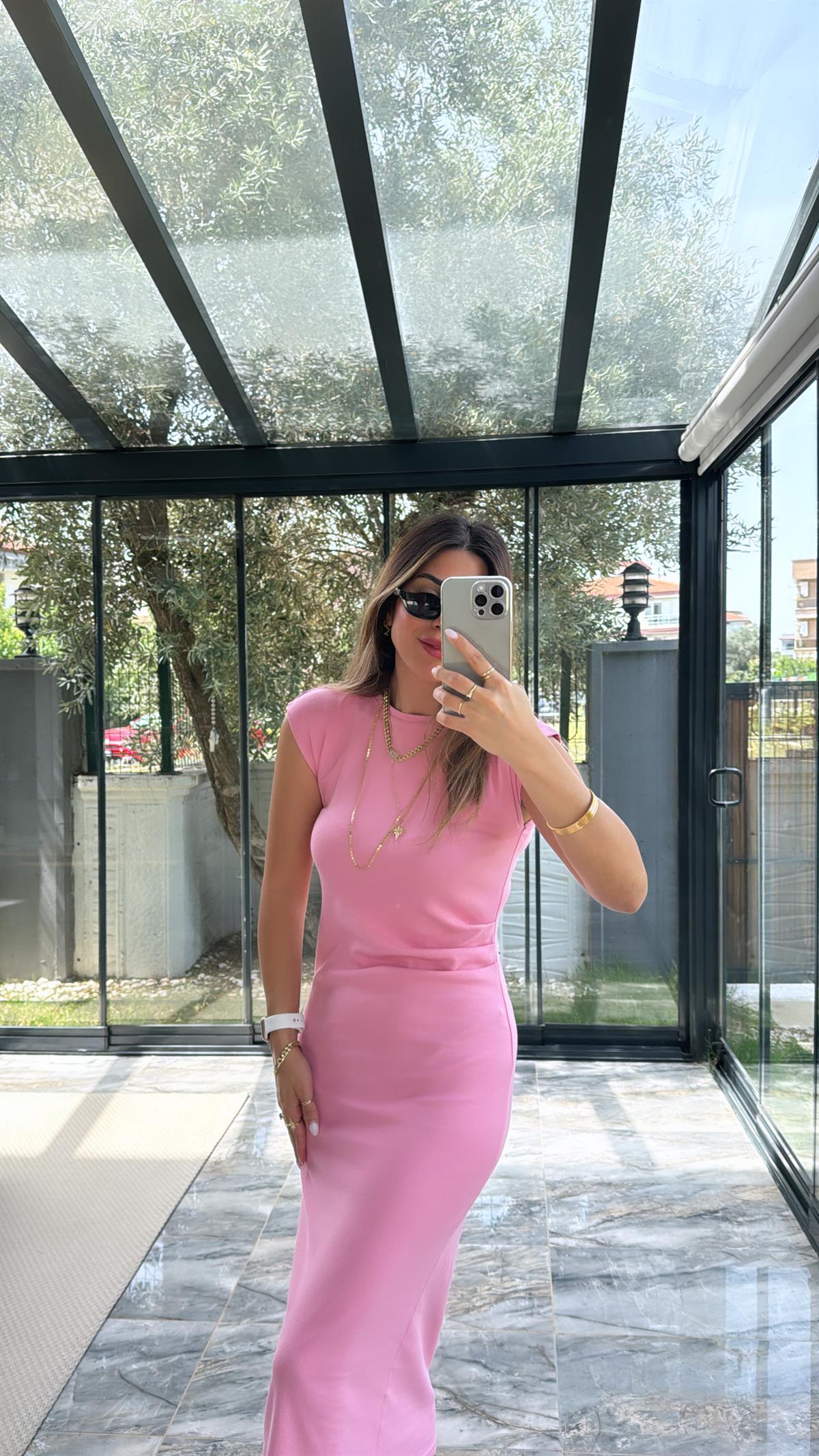 Pembe Drape Detaylı Elbise