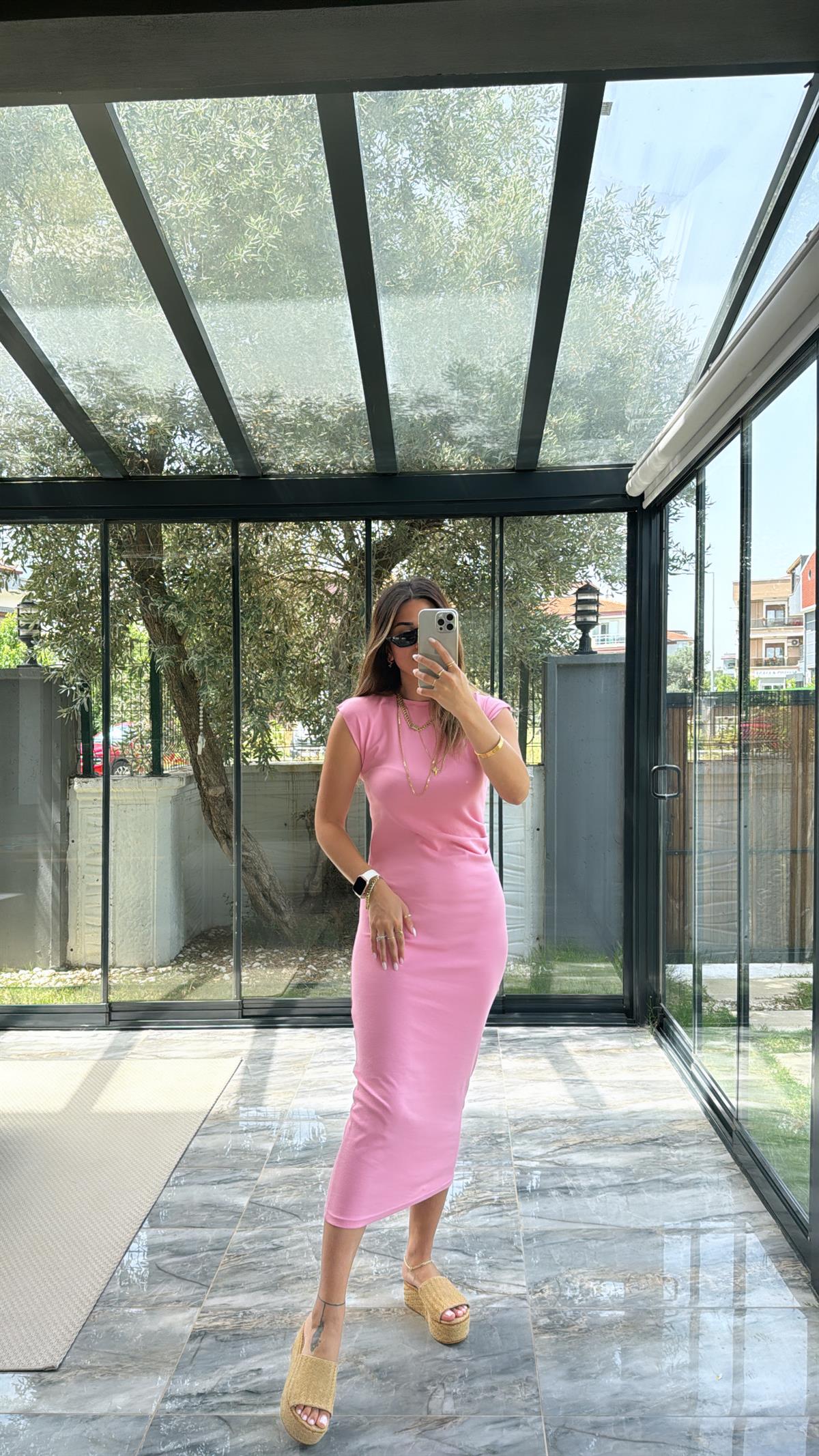 Pembe Drape Detaylı Elbise