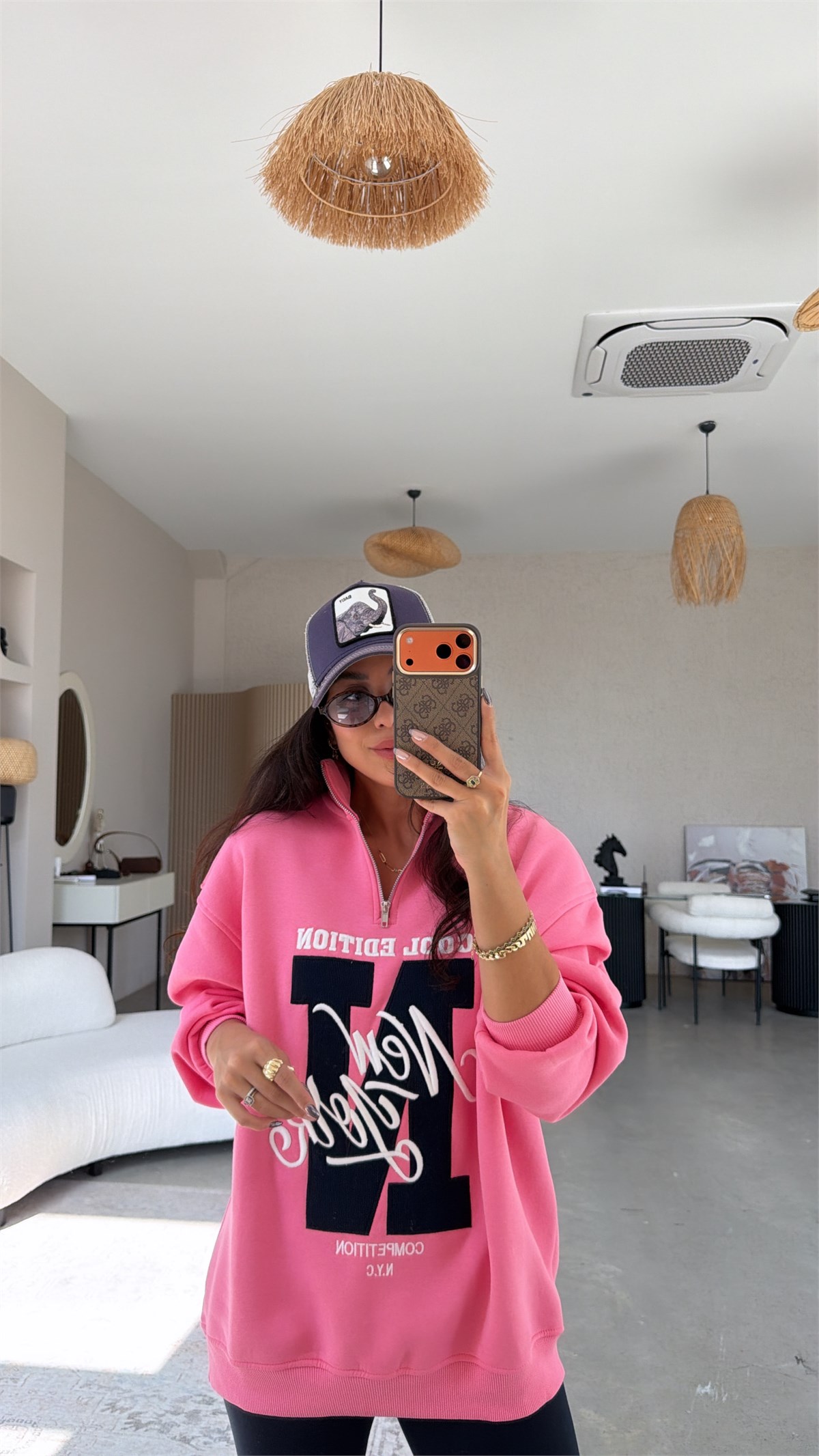 Pembe Fermuarlı Şardonlu New York Sweatshirt