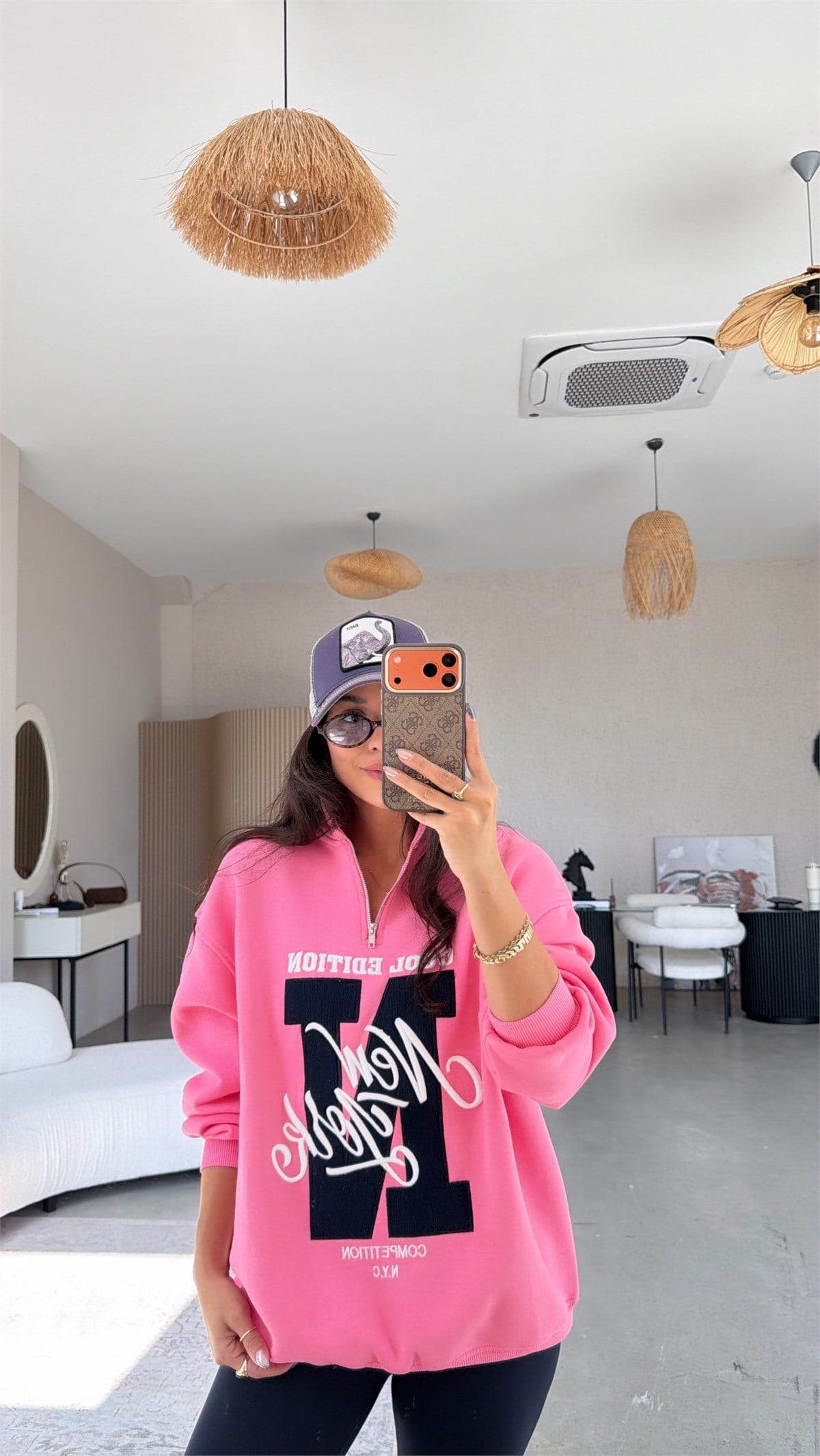 Pembe Fermuarlı Şardonlu New York Sweatshirt